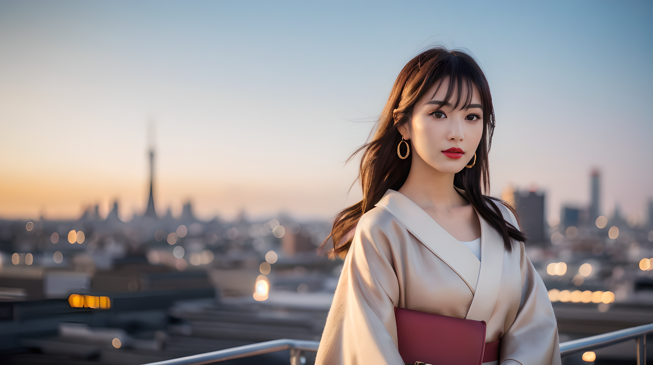建築 桌布 壁紙 — 一位身穿米色和服、手持紅色手拿包的女子站在屋頂上，俯瞰夕陽下閃閃發光的東京天際線。