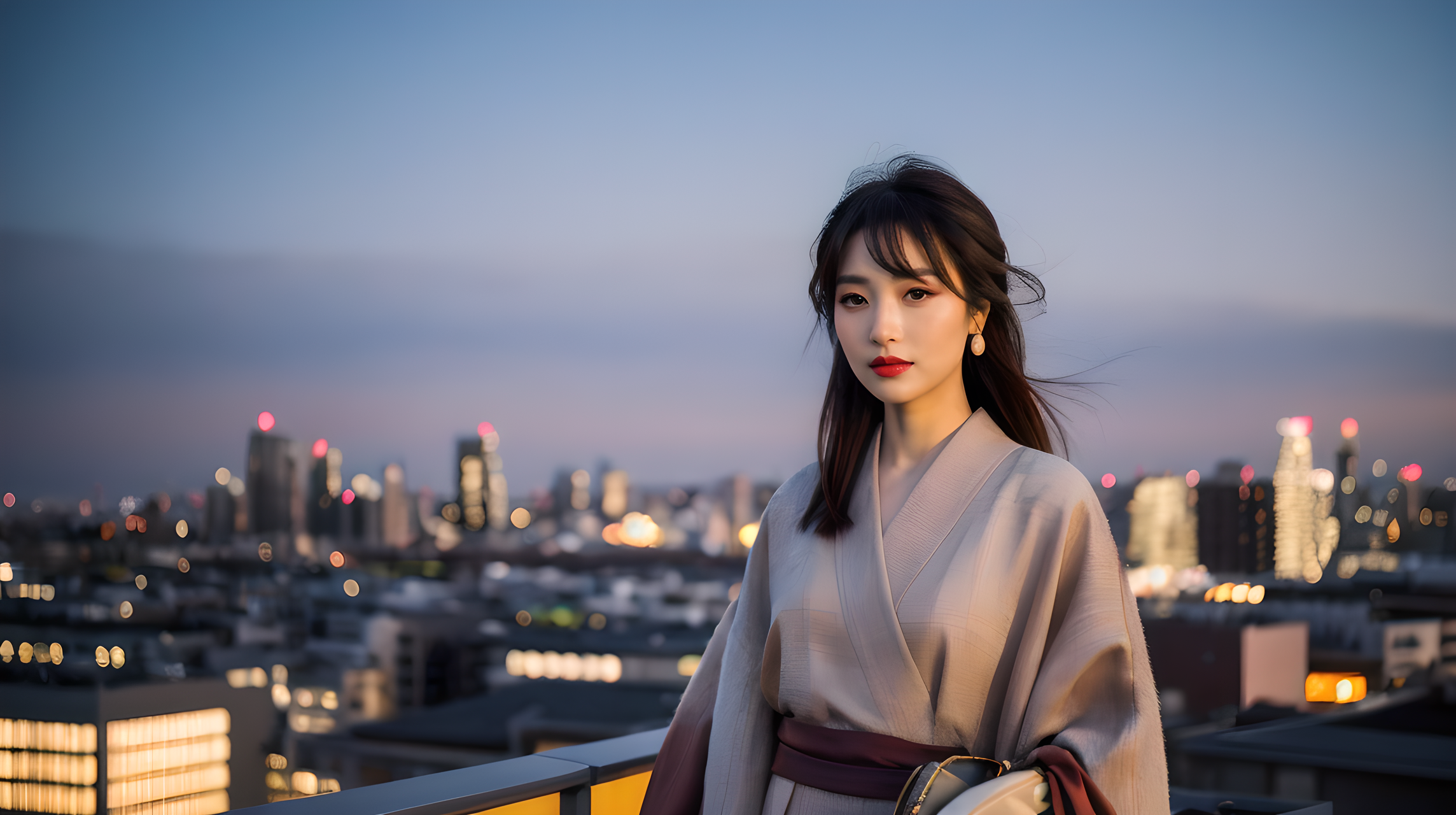建築 桌布 壁紙 — 一位身穿米色和服的女士站在屋頂陽台上，俯瞰著黃昏時分燈光柔和的城市景觀。