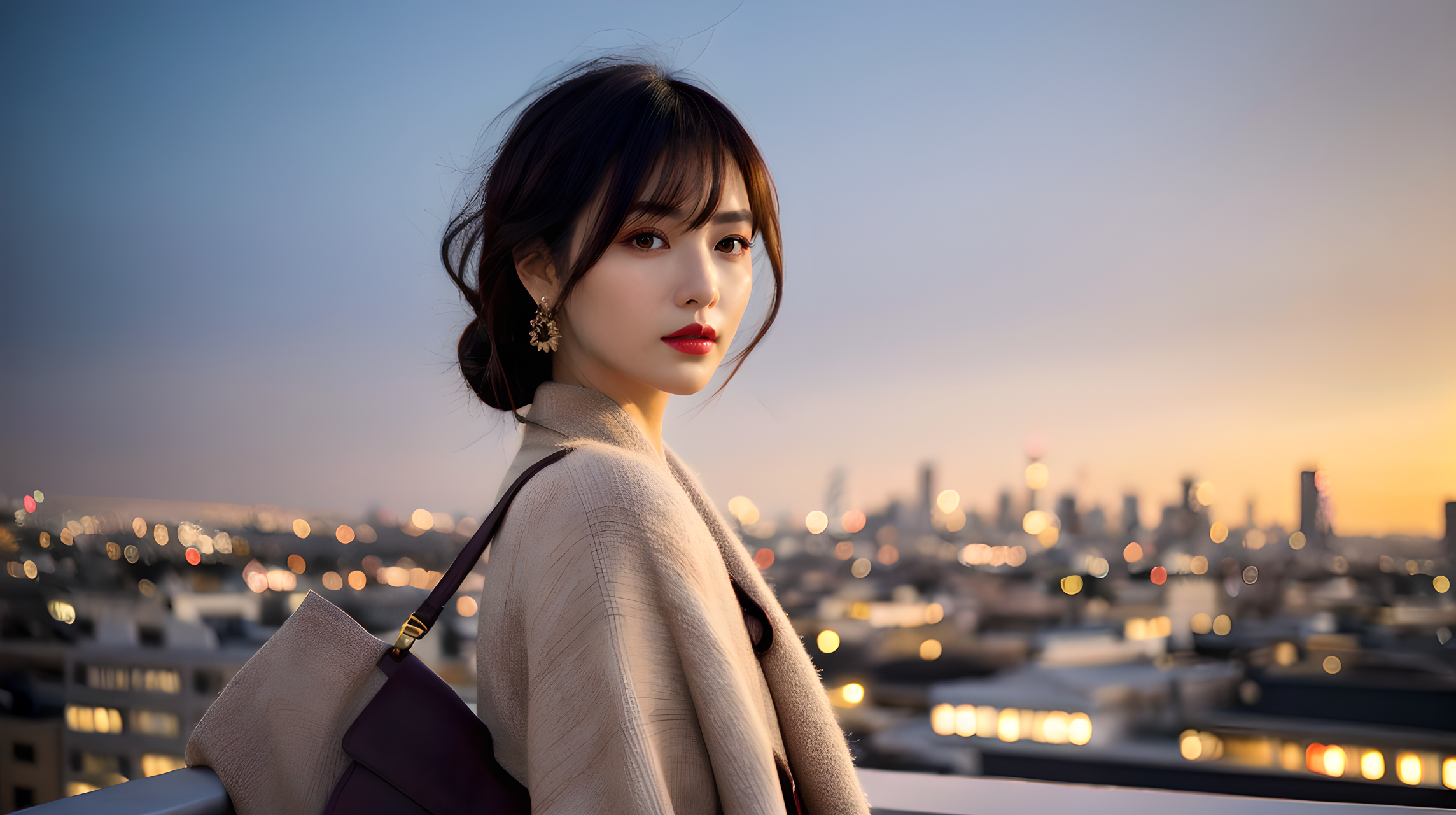 建築 桌布 壁紙 — 一位身穿米色外套和紅色唇膏的女性站在屋頂上，俯瞰著日落時分帶有散景燈光的城市景觀。