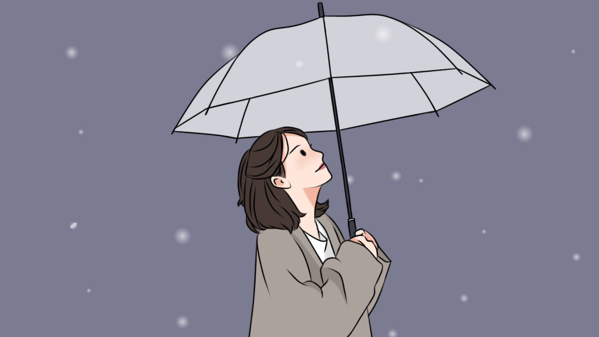 girls 桌布 壁紙 — 一位身穿米色外套的女性，手持透明雨傘，仰望灰濛濛的天空中飄落的雪花。