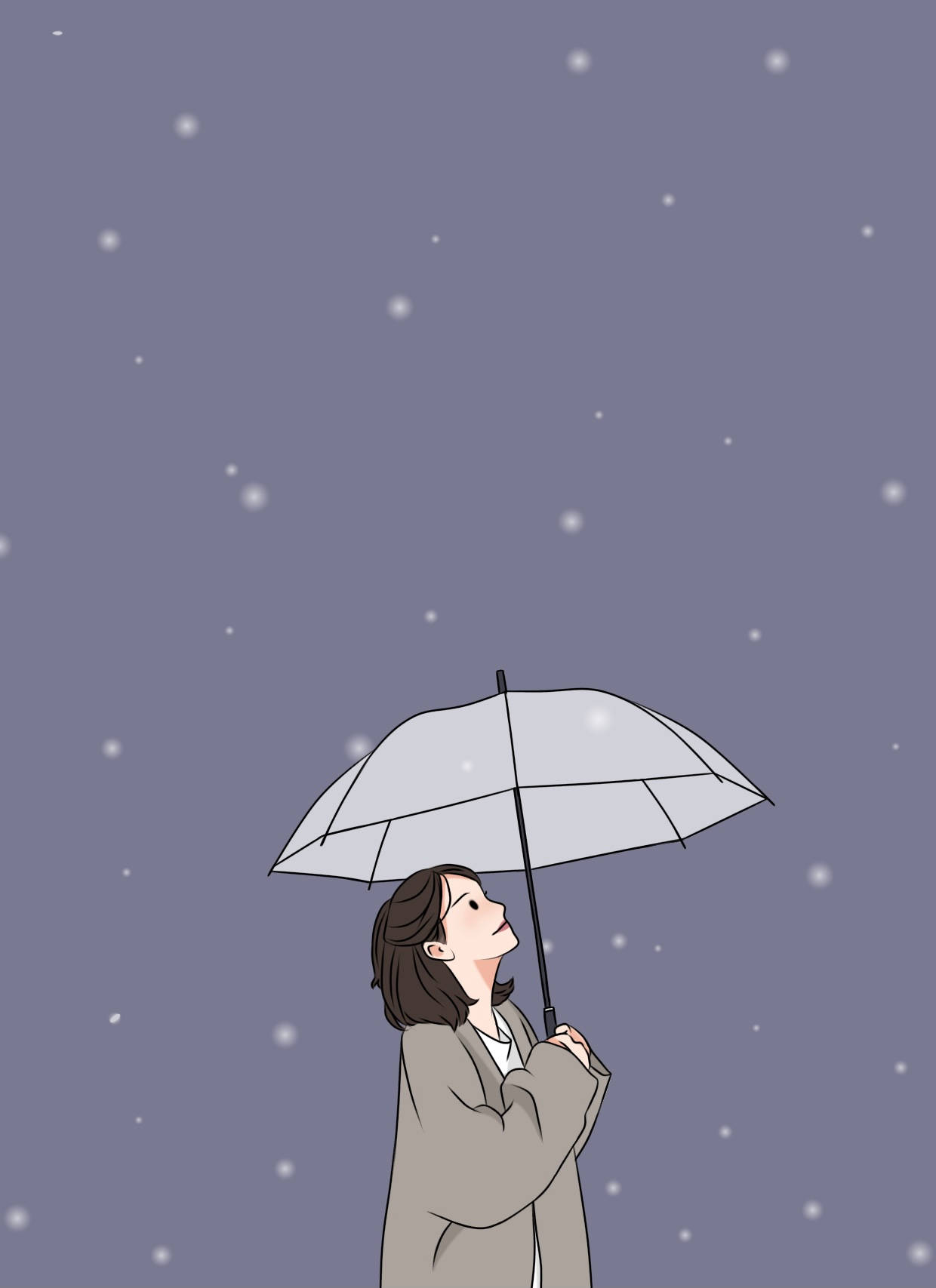 身穿米色外套的女性手持透明雨傘，仰望在紫色天空下飄落的雪花 — 美少女動態圖 壁紙