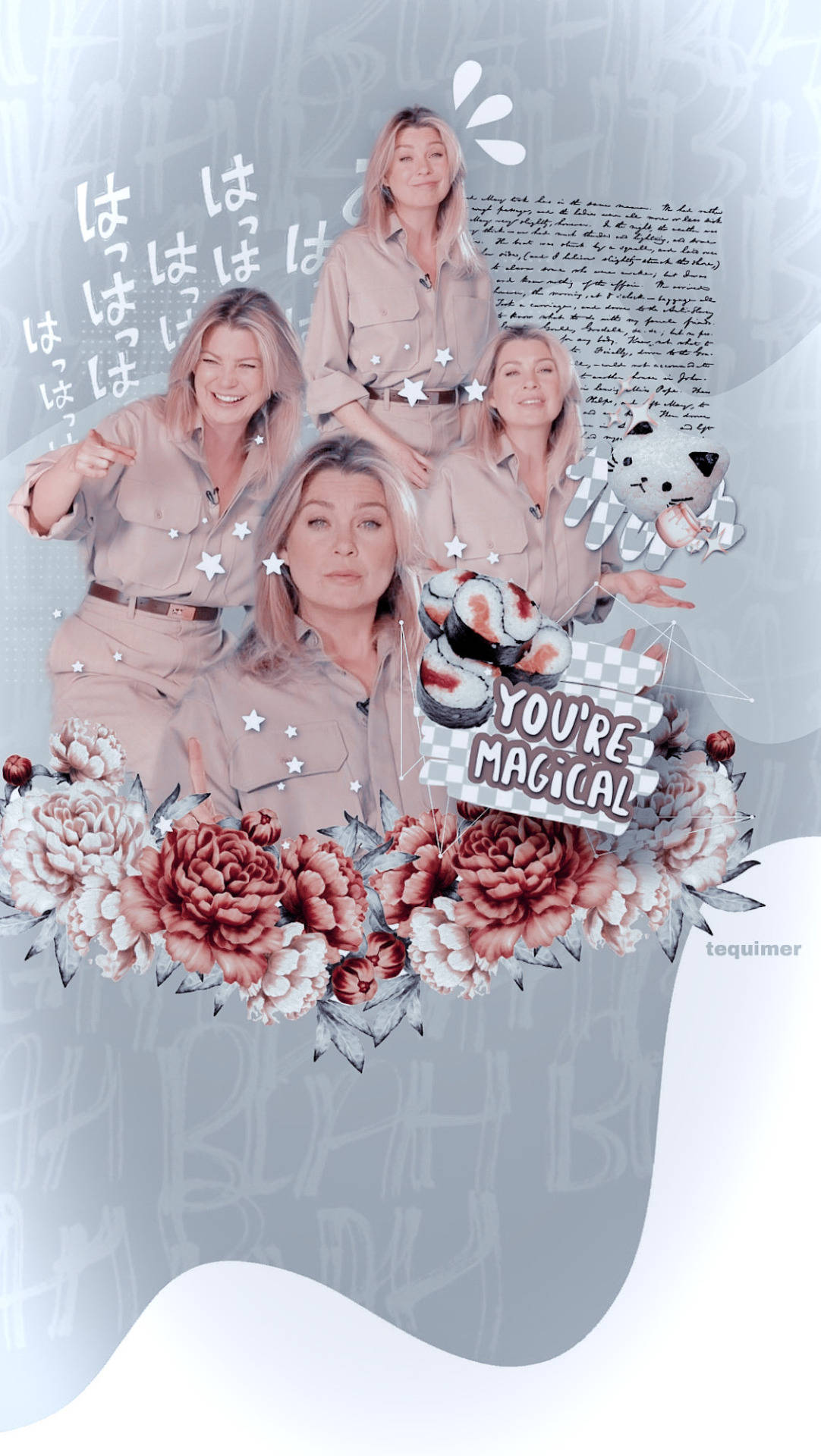 Ellen Pompeo 桌布 壁紙 — 一位身穿米色服裝的女性，被紅花和日文文字環繞，拼貼在淺灰色背景上。