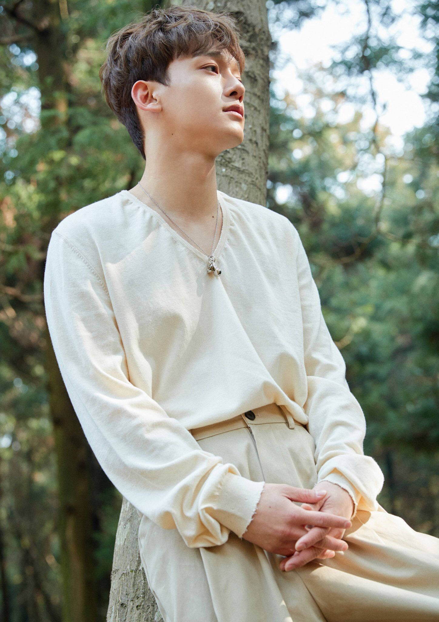 EXO 桌布 壁紙 — 一位身穿米色服裝的年輕男子在陽光明媚的森林中靠著一棵樹，抬頭仰望，神情寧靜沉思。