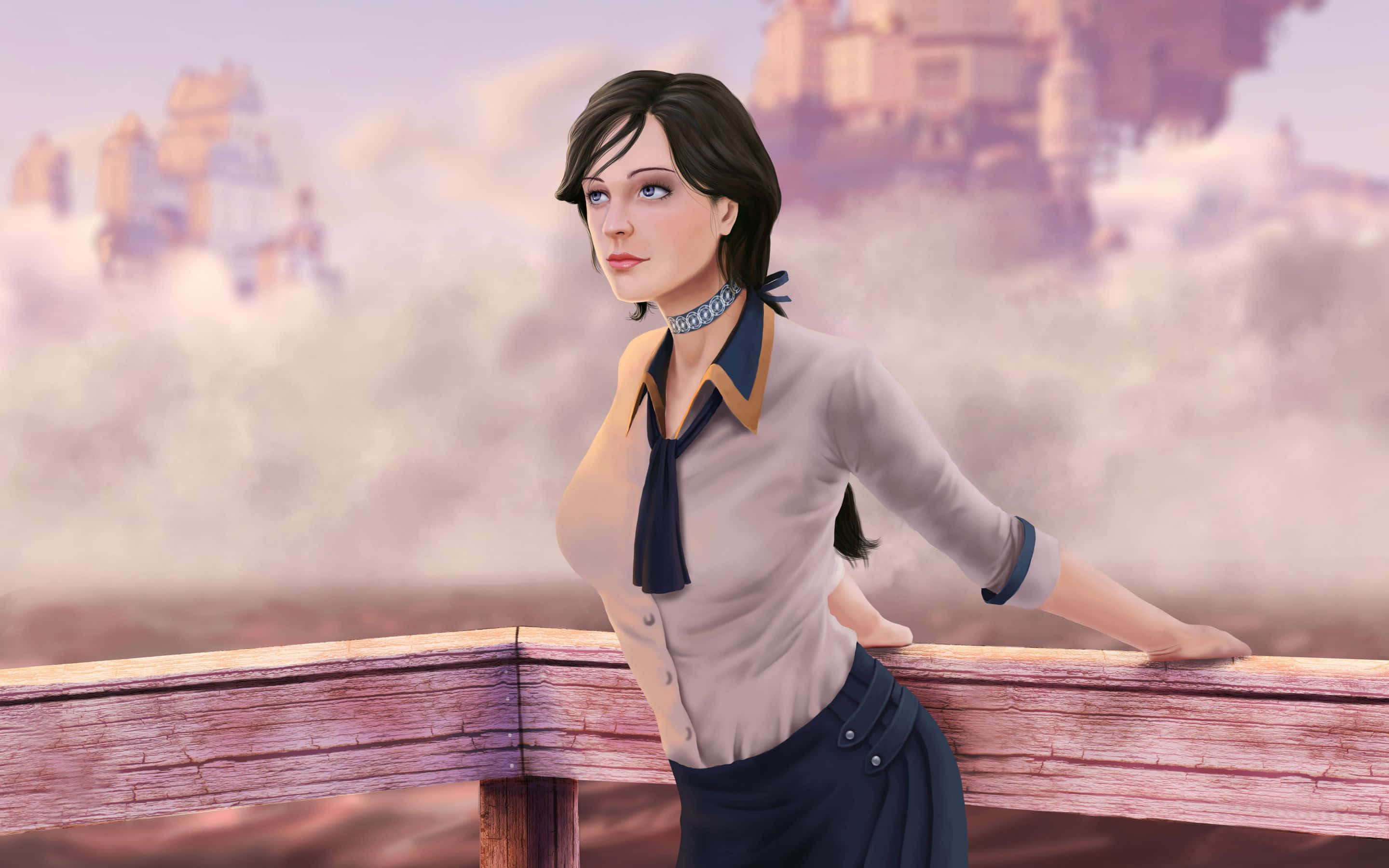 Best Bioshock Infinite 桌布 壁紙 — 一位身穿米色襯衫和深藍色裙子的女士靠在木欄杆上，俯瞰著霧氣瀰漫的浮空城市，天空中有粉紅色和紫色的雲彩。