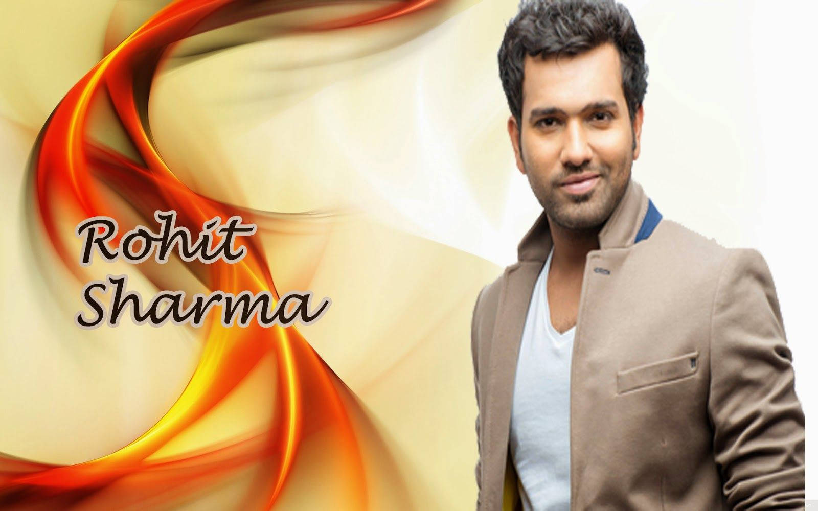 Rohit Sharma 桌布 壁紙 — 一位身穿米色西裝外套的男子自信地站在火橙色和金色抽象背景的動態漩渦前，他的名字以手寫體呈現。
