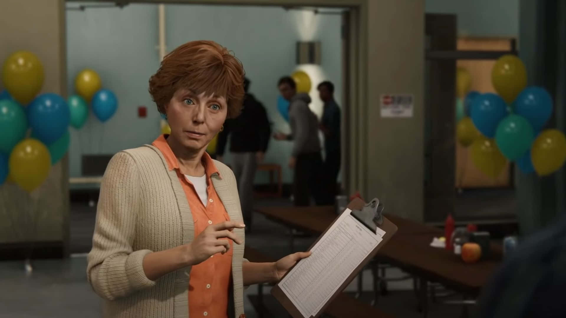 Aunt May 桌布 壁紙 — 一位身穿米色開襟毛衣的女性在一個裝飾著藍色和黃色氣球的房間裡拿著一個剪貼板。