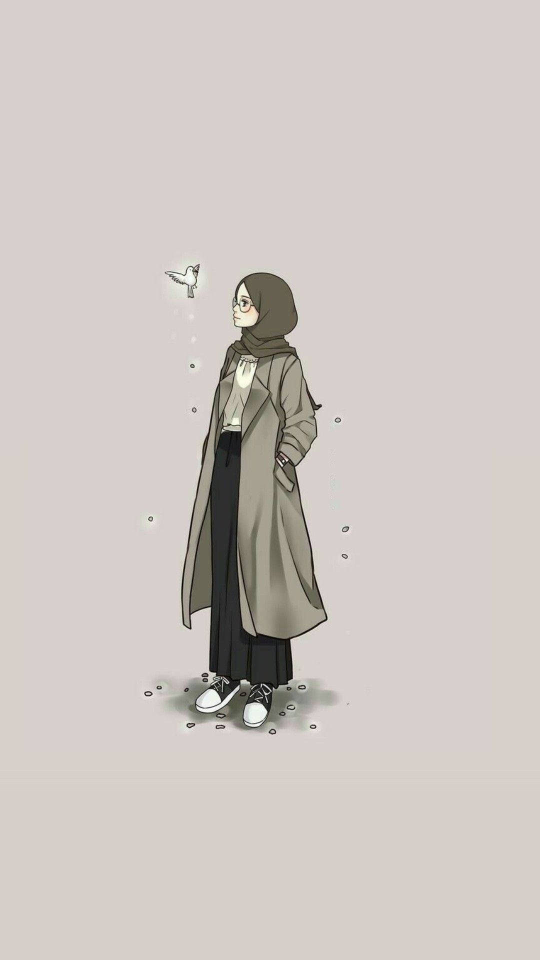 一位戴頭巾和穿外套的女性靜靜站立，一隻鳥在附近飛翔。