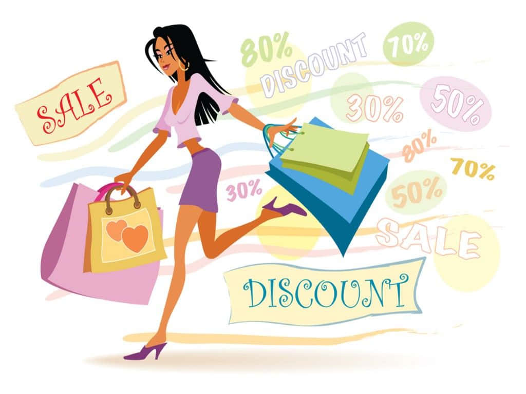 Shopping 桌布 壁紙 — 一位身穿粉紅色上衣和紫色裙子的快樂女性，帶著滿溢的購物袋奔跑，色彩繽紛的折扣標誌在她周圍旋轉。