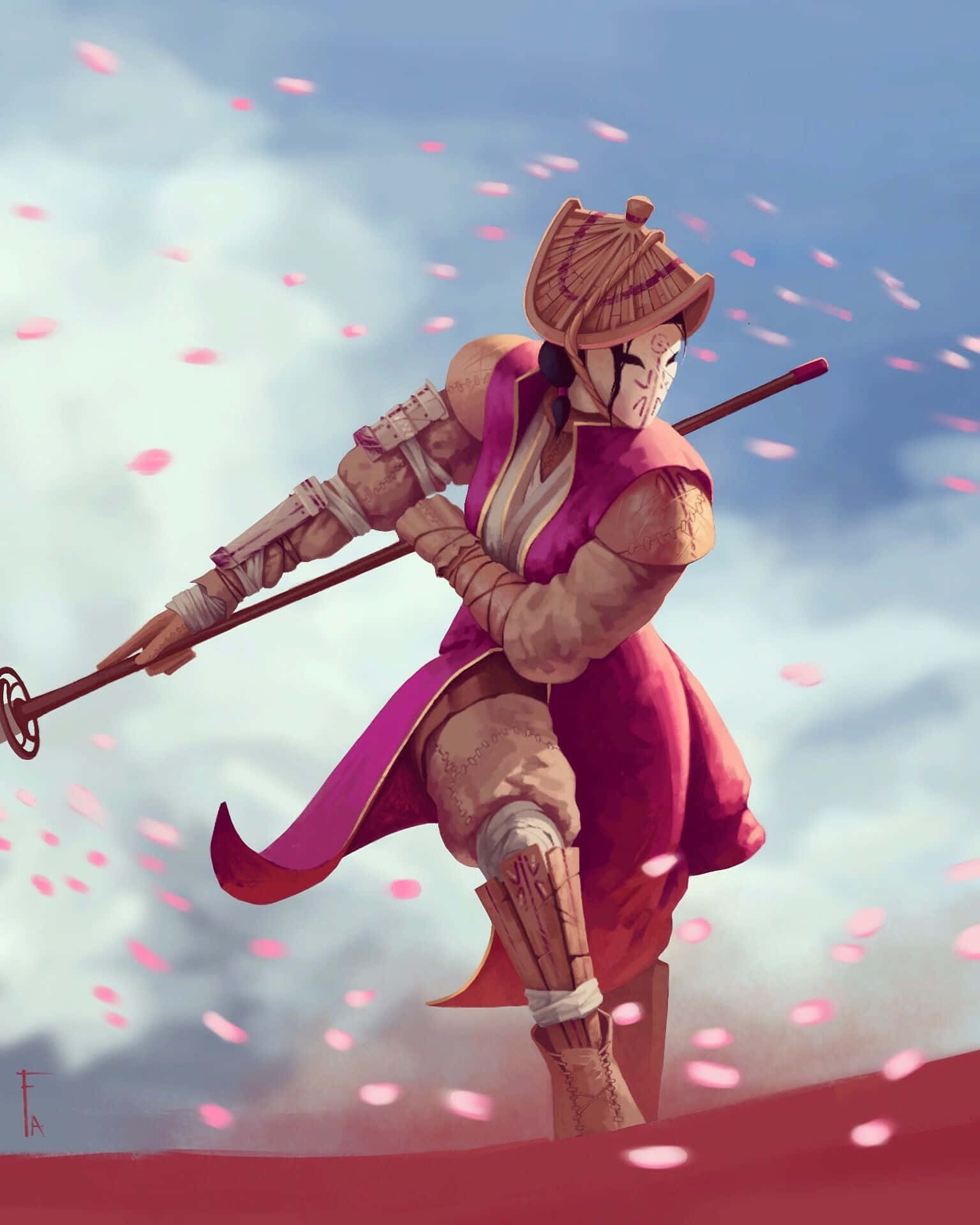 Female Samurai For Honor 桌布 壁紙 — 一位身穿粉紅色和棕色盔甲的武士戰士在陰雲密佈的天空下動態跳躍，粉紅色的櫻花在他們周圍飄落。