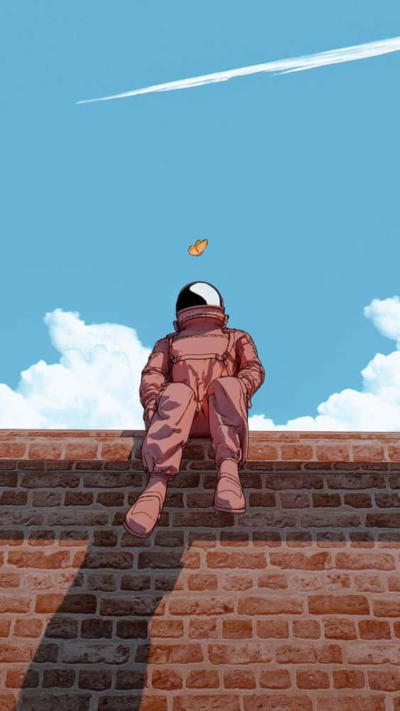  壁紙 — 一位身穿粉紅色太空衣的太空人坐在磚牆上，凝視著一隻蝴蝶，背景是藍天白雲。