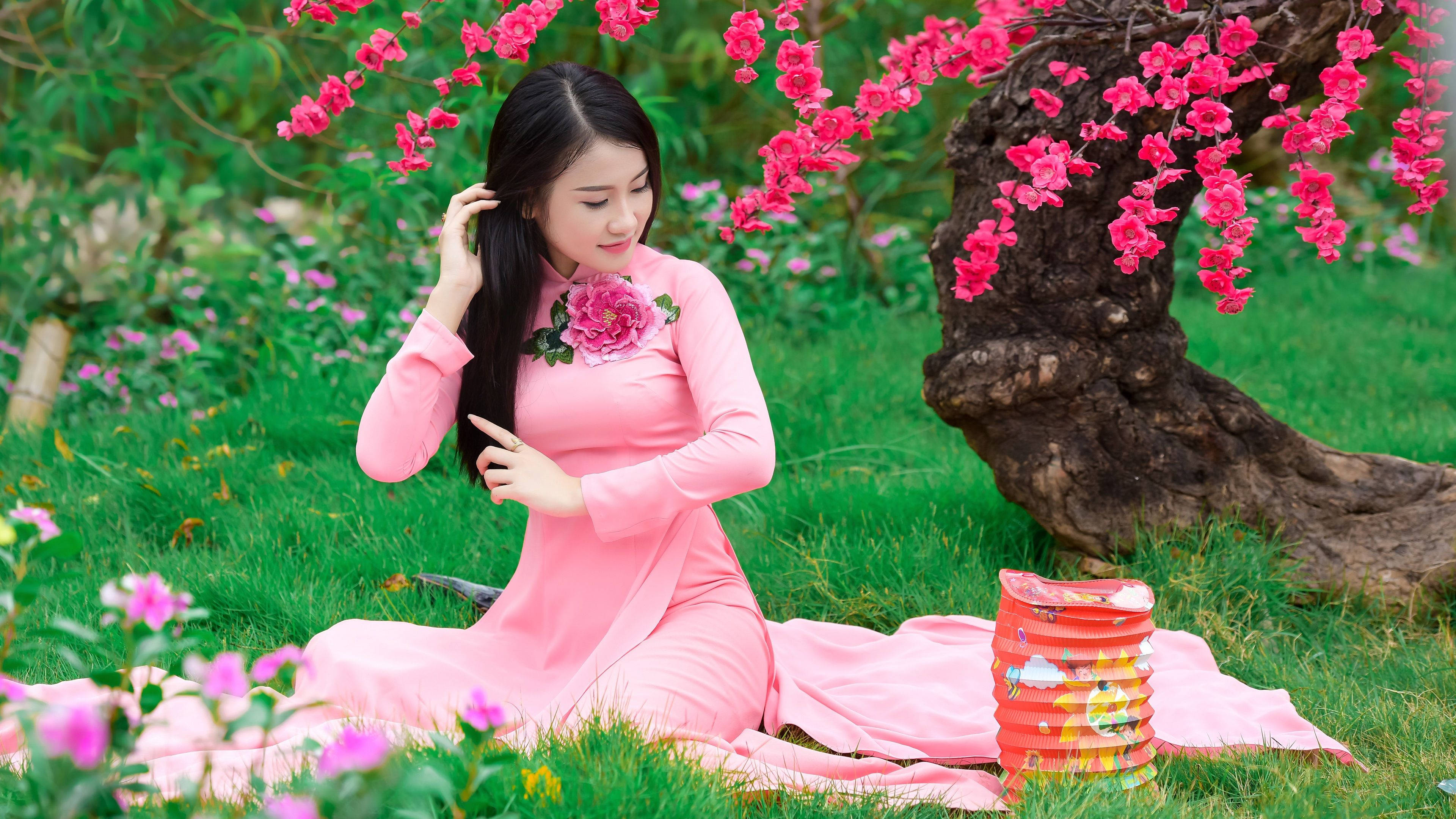 美女 桌布 壁紙 — 一位身穿粉紅色奧黛的女性，在鬱鬱蔥蔥的綠色花園中，優雅地坐在盛開的粉紅色樹下。
