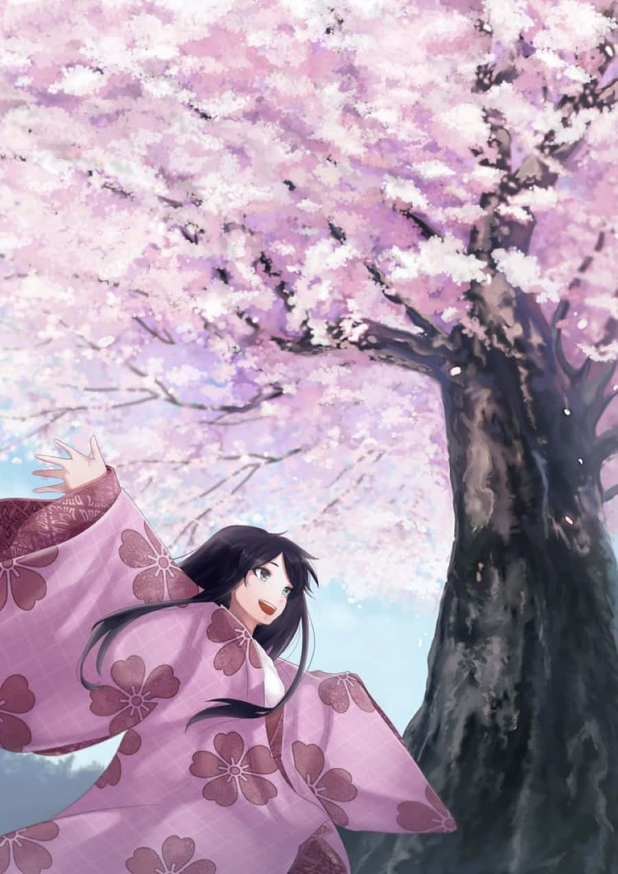 The Tale Of The Princess Kaguya 桌布 壁紙 — 一位身穿粉紅色櫻花和服的年輕女子，在柔和的粉彩天空下，伸手觸碰盛開的櫻花樹。