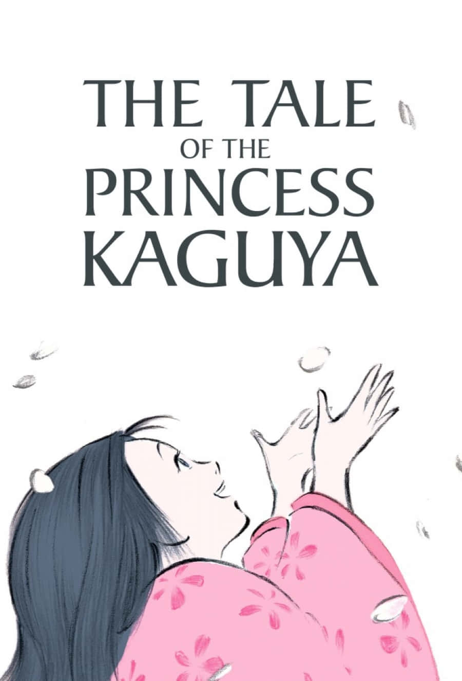 The Tale Of The Princess Kaguya 桌布 壁紙 — 一位身穿粉紅色花卉和服的小女孩，在白色背景上櫻花飄舞中，開心地向上伸手。