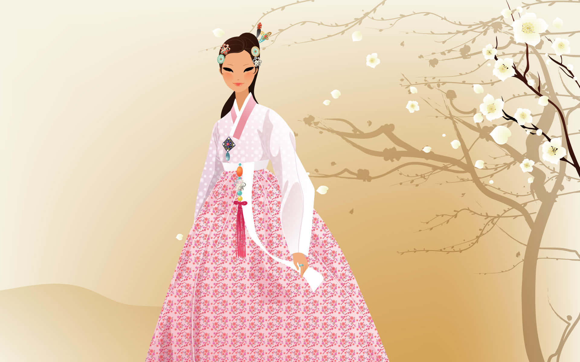 korean 桌布 壁紙 — 一位身穿粉紅色花卉韓服的女士，在溫暖的金色天空下，優雅地站在盛開的櫻花樹旁。