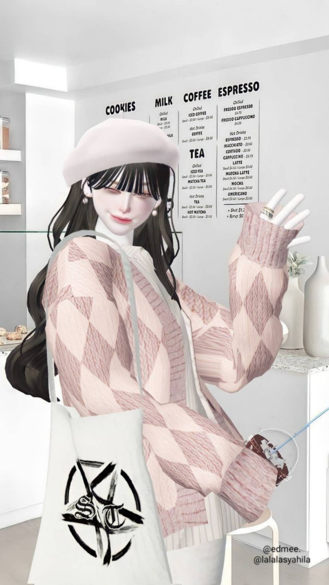 動漫女孩穿著粉紅色毛衣和貝雷帽，在咖啡館裡拿著手提袋。 — 美少女動態圖 壁紙