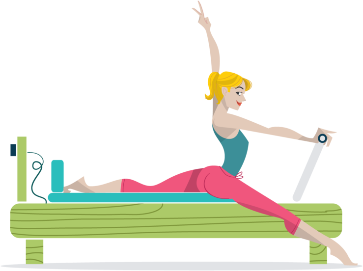 Pilates 桌布 壁紙 — 一位身穿粉紅色褲子和藍綠色上衣的開心卡通女性，在黑色背景前的綠色Pilates reformer機器上優雅地伸展。