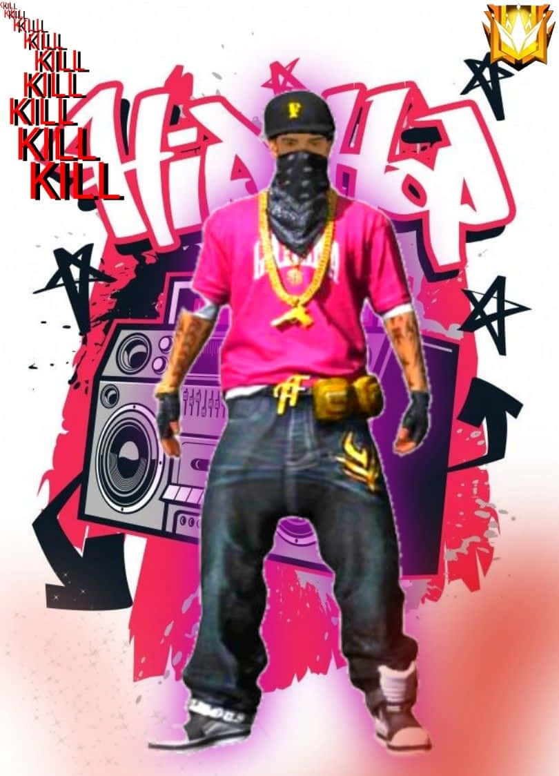 Hip Hop Free Fire 桌布 壁紙 — 一位身穿粉紅色襯衫和頭巾的風格化嘻哈藝術家，站在塗鴉和帶有「KILL」文字的便攜式音箱前。