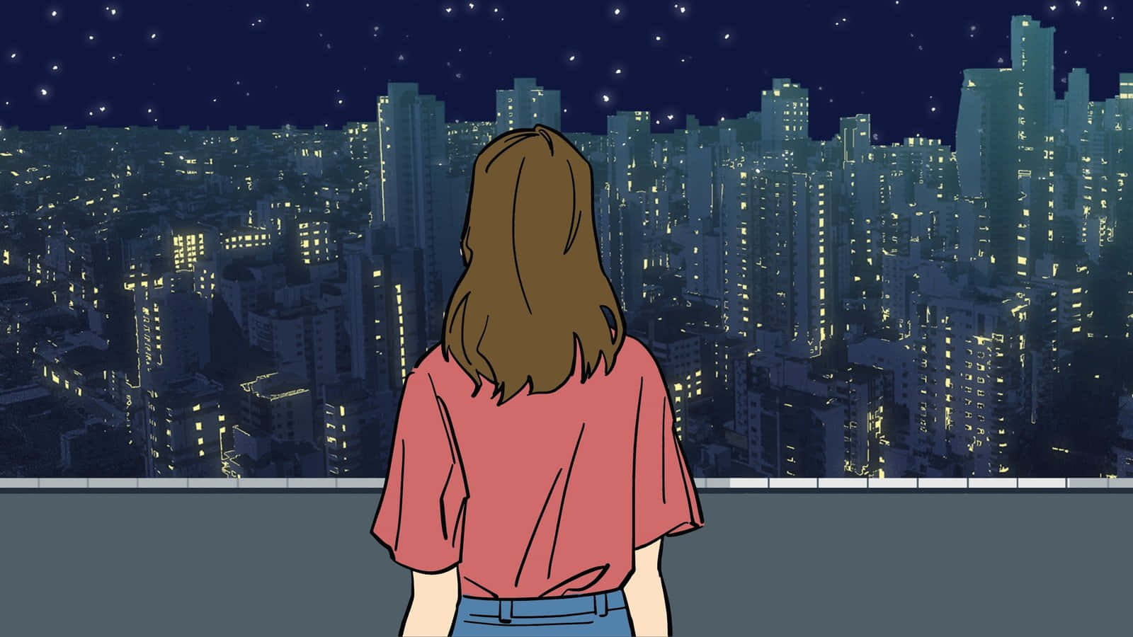動態桌面 桌布 壁紙 — 一位身穿粉紅色襯衫的孤獨女性凝視著在星空下閃爍的廣闊城市景觀。