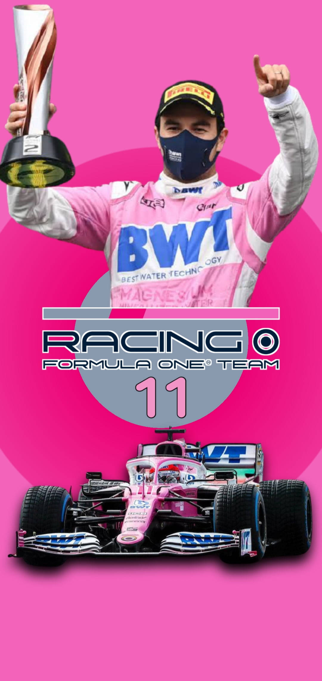 sergio perez 桌布 壁紙 — 一位身穿粉紅色賽車裝備的一級方程式賽車手將獎盃高舉過頭，而他的粉紅色賽車則在下方以充滿活力的粉紅色背景展示。