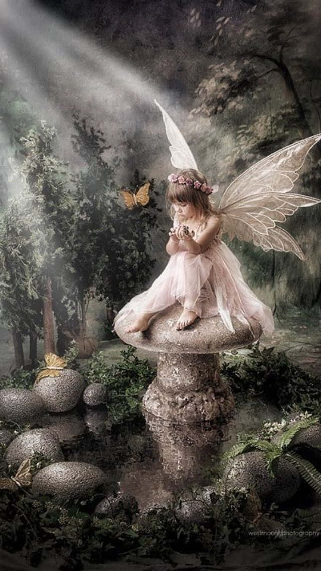 仙女美學 桌布 壁紙 — 一位身穿粉紅色連衣裙、擁有半透明翅膀的年輕仙女，坐在長滿青苔的石基座上，身處迷霧籠罩的魔法森林中，蝴蝶環繞。