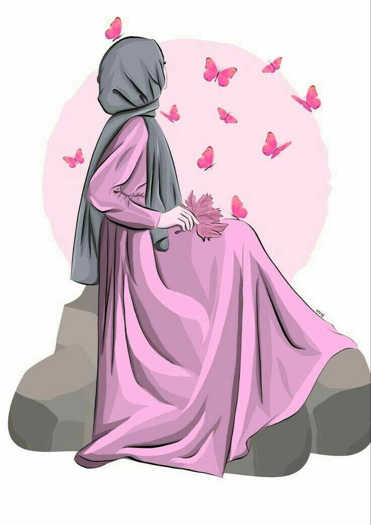 muslim 桌布 壁紙 — 一位身穿粉紅色連衣裙和灰色頭巾的女性坐在岩石上，手持一片葉子，粉紅色的蝴蝶在她周圍翩翩起舞，背景是柔和的粉紅色圓形。
