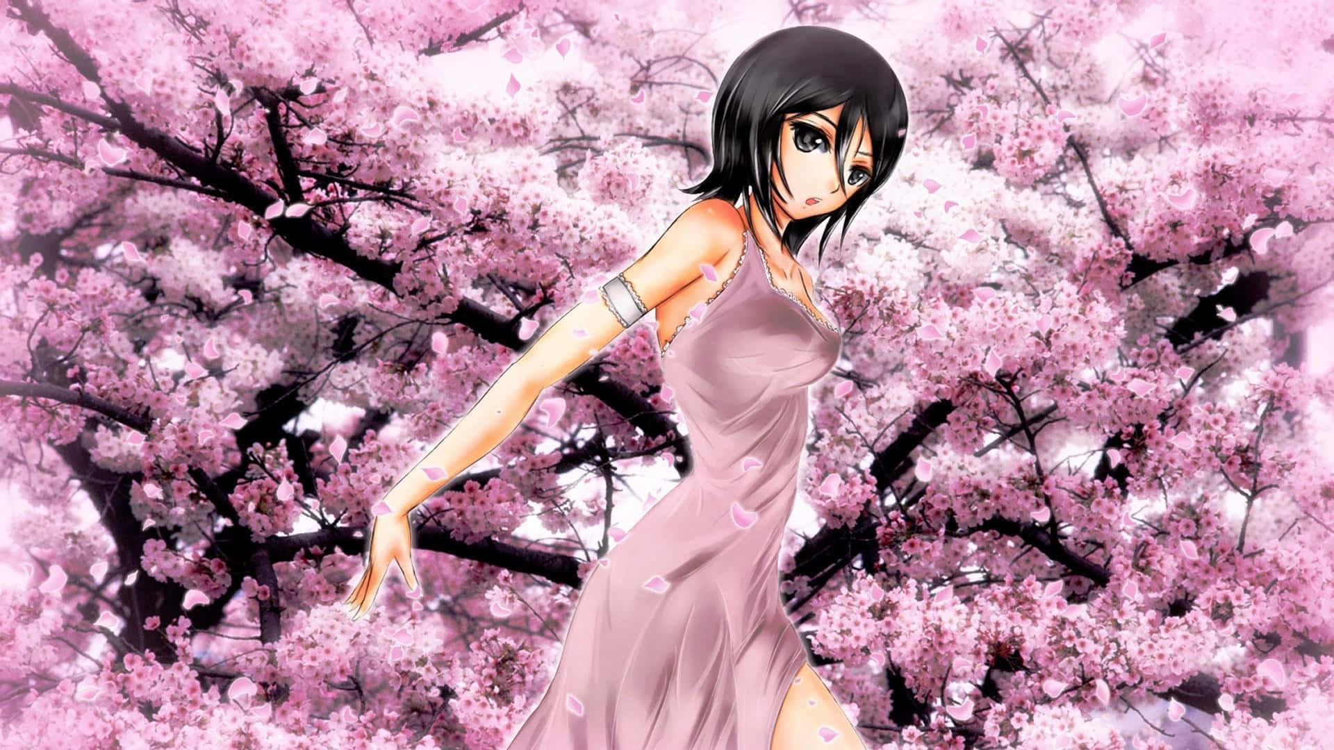 Sakura Blossom 桌布 壁紙 — 一位身穿粉紅色連衣裙的優雅動漫女孩，站在柔和的粉紅色天空下，飄落的櫻花之中。