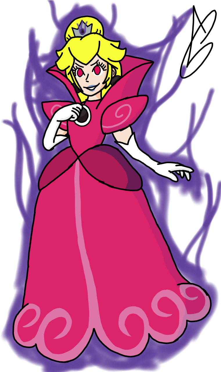 princess peach 桌布 壁紙 — 一位身穿粉紅色長袍、紅眼睛、背後有紫色藤蔓的卡通公主，手持一個黑色球體。