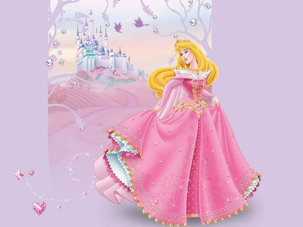Princess 桌布 壁紙 — 一位身穿粉紅色長裙的公主站在城堡前，鳥兒和心形在柔和的粉彩天空中飄浮。