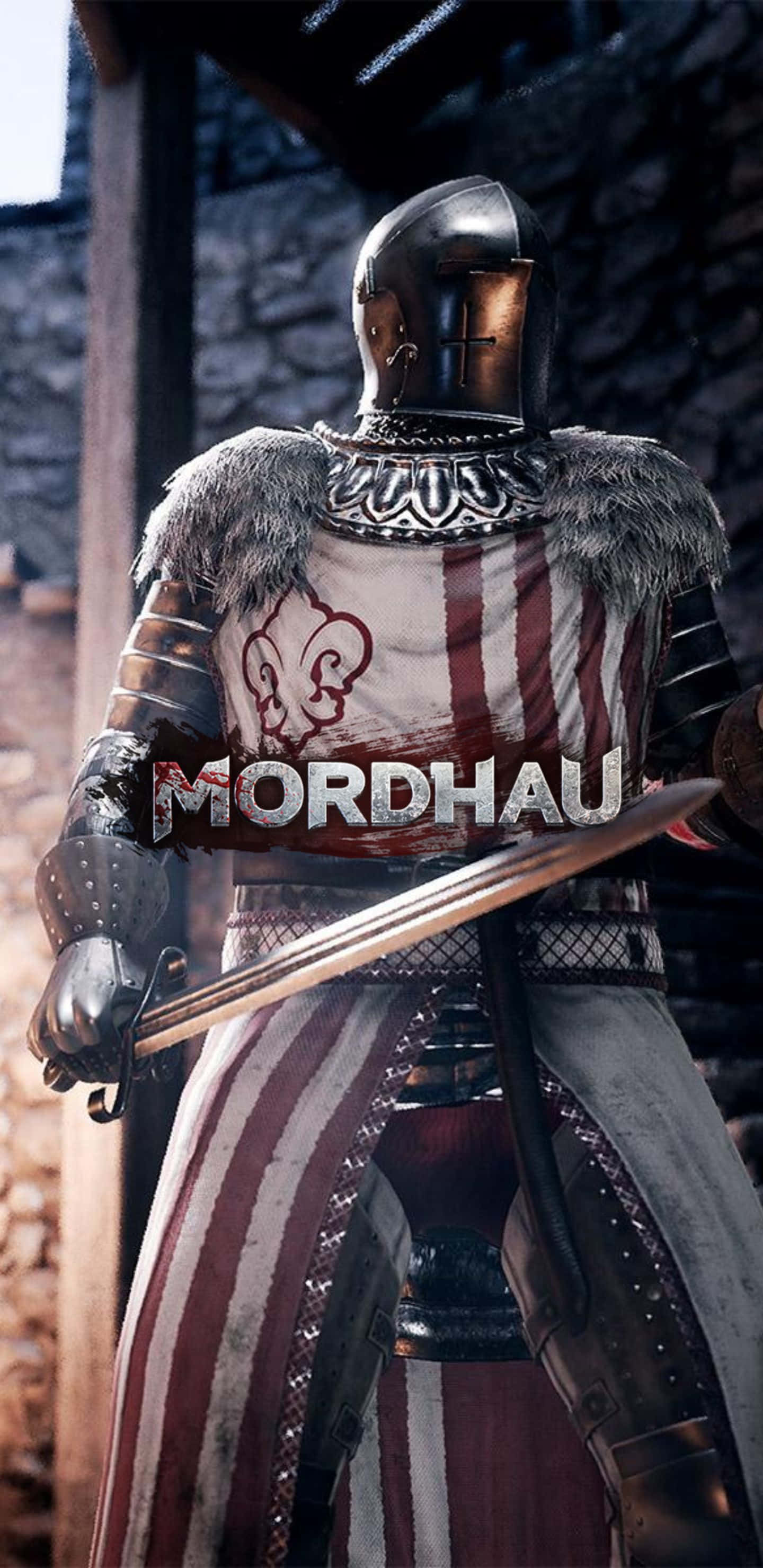 Pixel 3xl Mordhau 桌布 壁紙 — 一位身穿精細中世紀盔甲、帶有毛皮邊飾和紅白條紋罩袍的騎士，站在石牆庭院中手持劍。