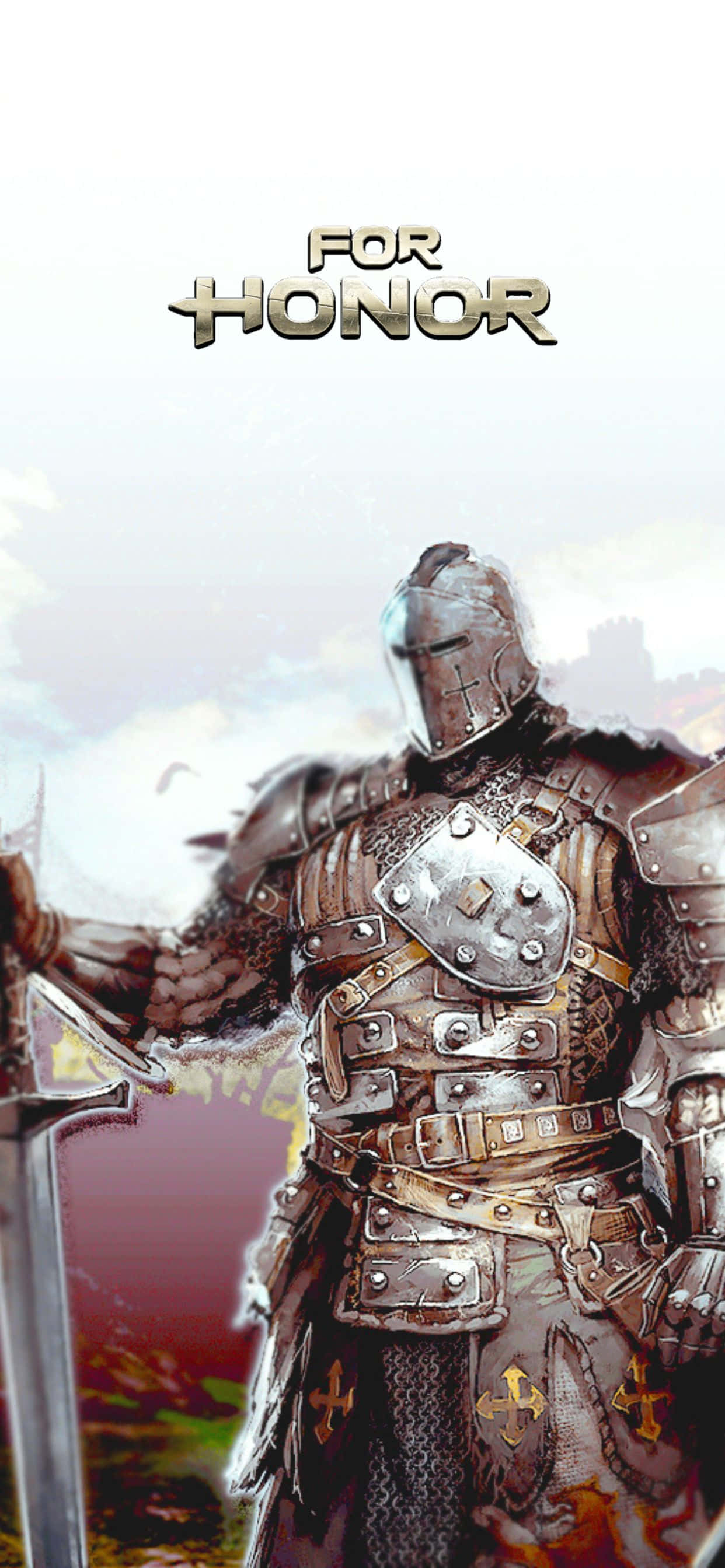 iPhone Xs Max For Honor 桌布 壁紙 — 一位身穿精細中世紀盔甲的騎士，手持劍，站在多雲的天空下，上方有遊戲標題文字。