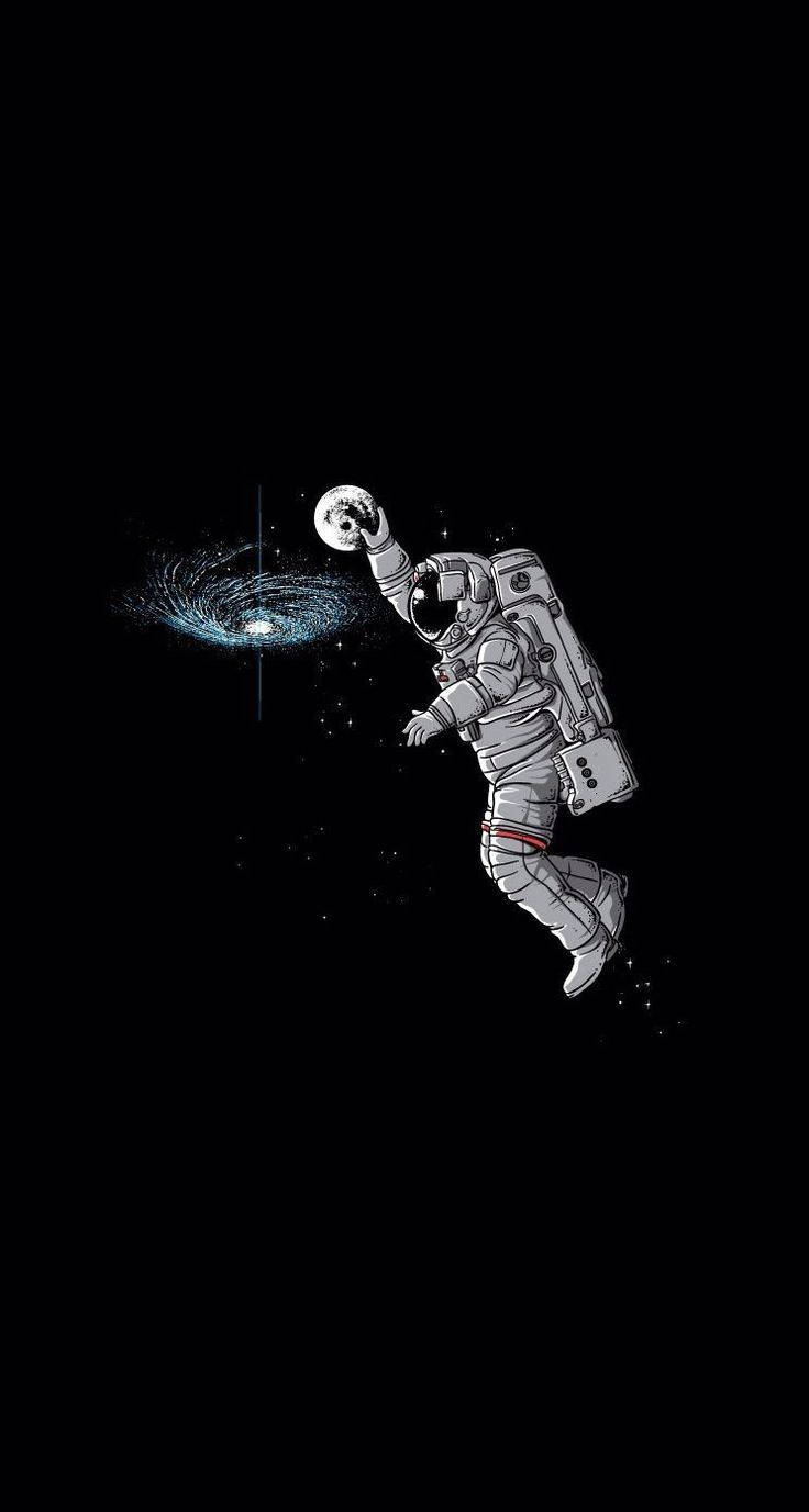Cool Funny 桌布 壁紙 — 一位身穿精細太空衣的太空人在黑色太空中漂浮，伸手觸向一個發光的藍色螺旋星系。