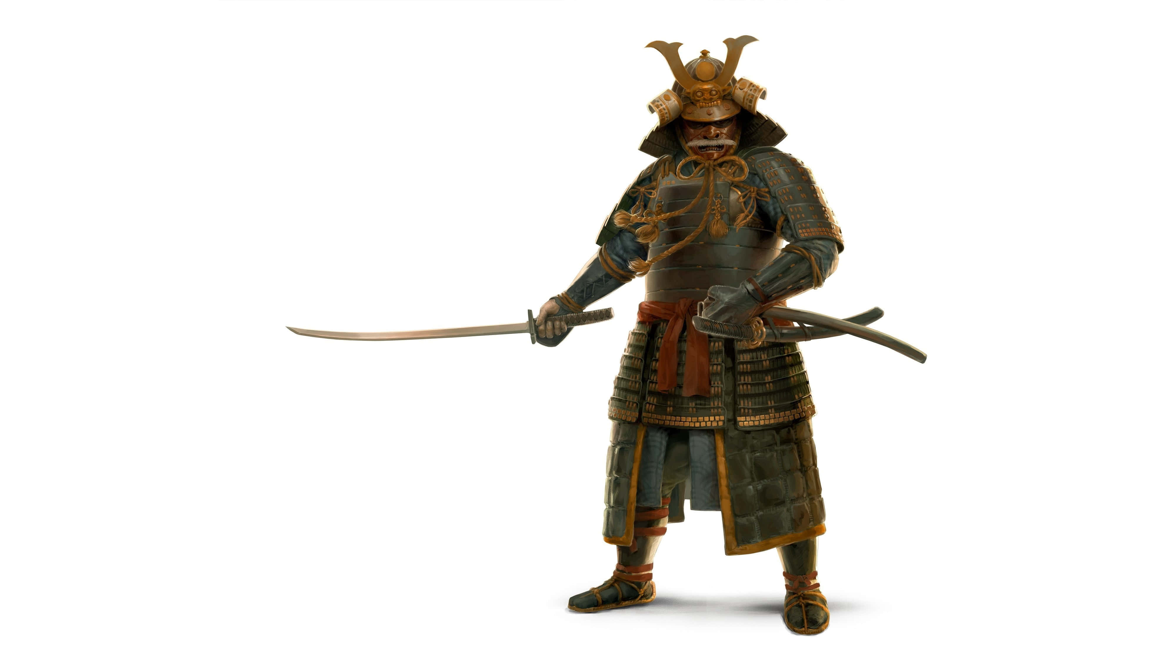Samurai Armor 桌布 壁紙 — 一位身穿精細深色盔甲的武士戰士，手持武士刀，站在純白背景前。