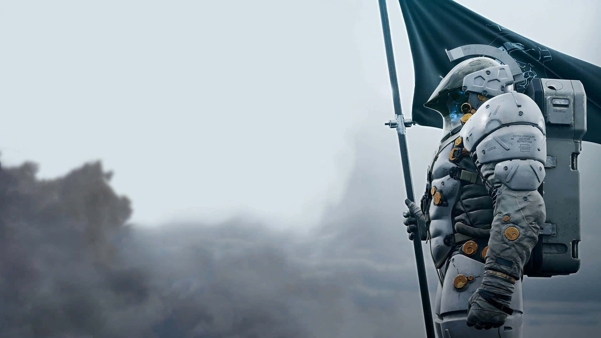death stranding iPhone 桌布 壁紙 — 一位身穿精細白色盔甲的孤獨太空人，在旋轉煙霧和陰天背景下莊嚴地舉著旗幟。