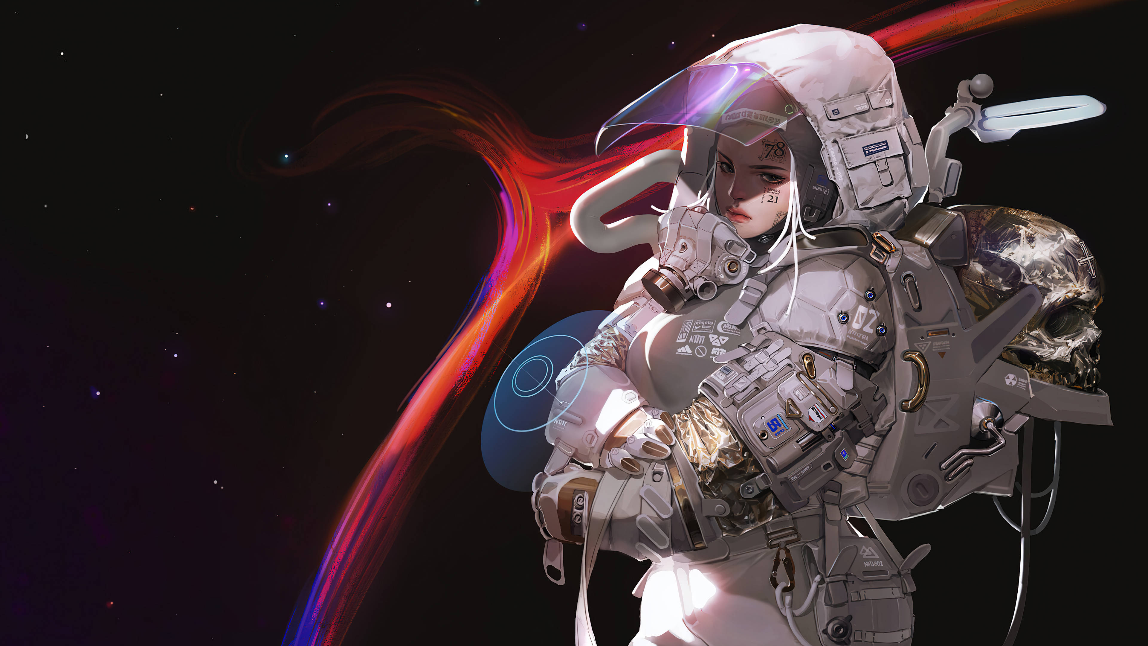 astronaut aesthetic 桌布 壁紙 — 一位身穿精細白色盔甲的未來太空人，站在繁星點點的宇宙背景前，身後有鮮紅和藍色的能量軌跡在旋轉。