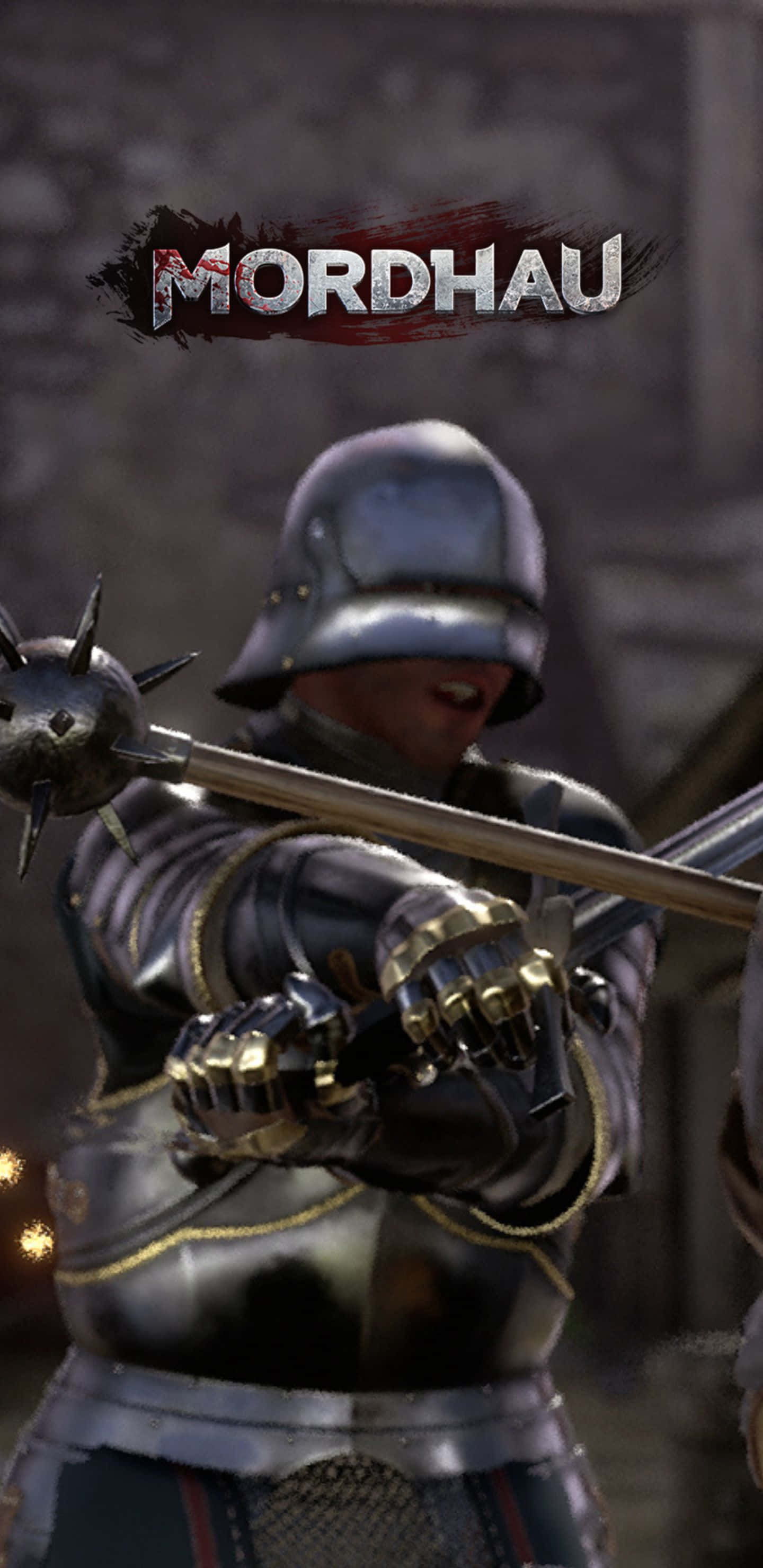 Pixel 3xl Mordhau 桌布 壁紙 — 一位身穿精細盔甲的中世紀騎士，在石牆背景下專注地揮舞著帶刺狼牙棒。