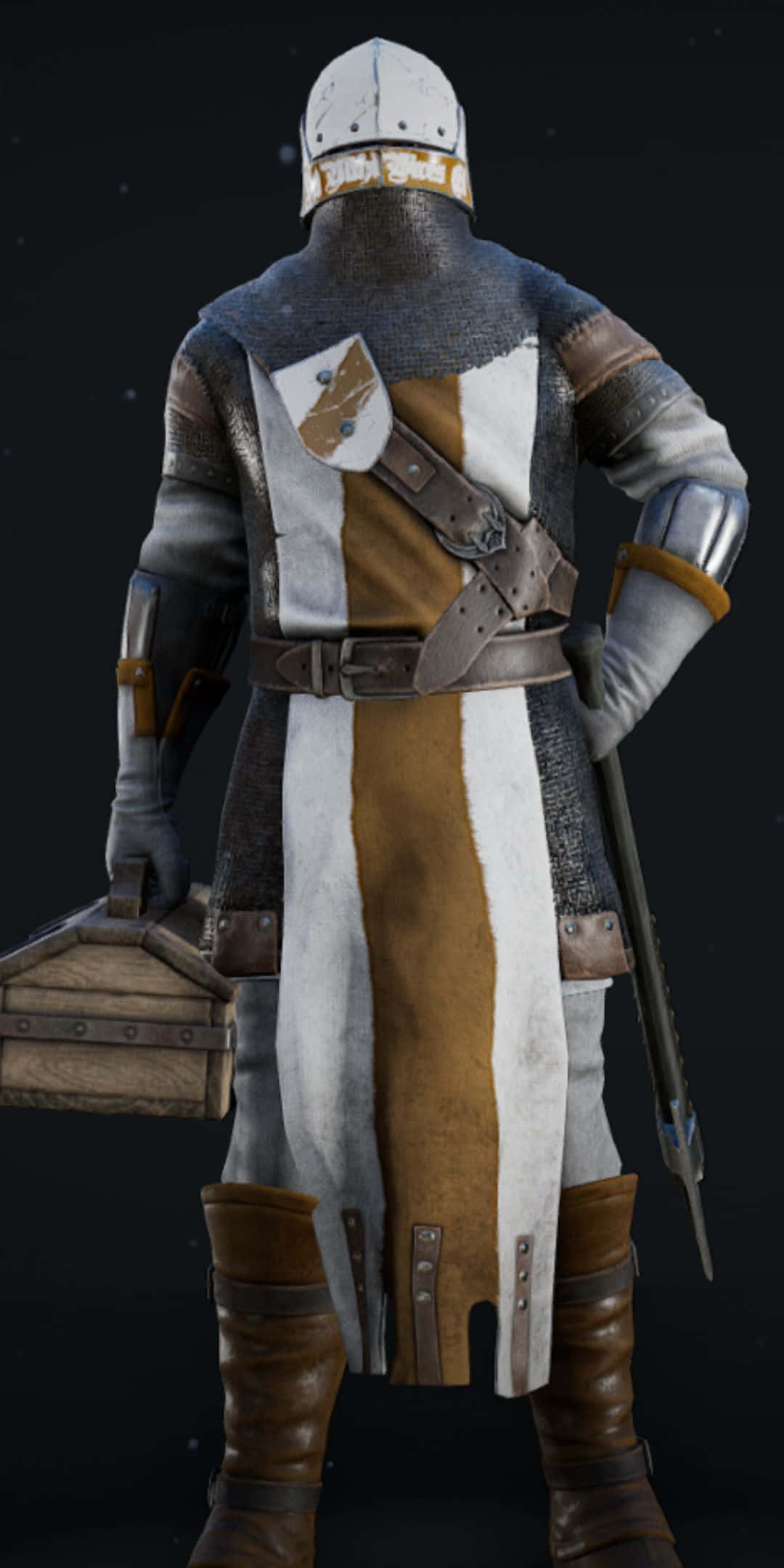 Pixel 3 Mordhau 桌布 壁紙 — 一位身穿精細盔甲的中世紀騎士背向觀眾，手持一個盒子和劍，背景是黑暗的星空。
