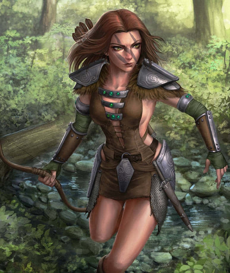 Aela The Huntress 桌布 壁紙 — 一位身穿精細盔甲的兇猛女弓箭手，帶著堅定的專注，大步走過陽光普照的森林溪流。