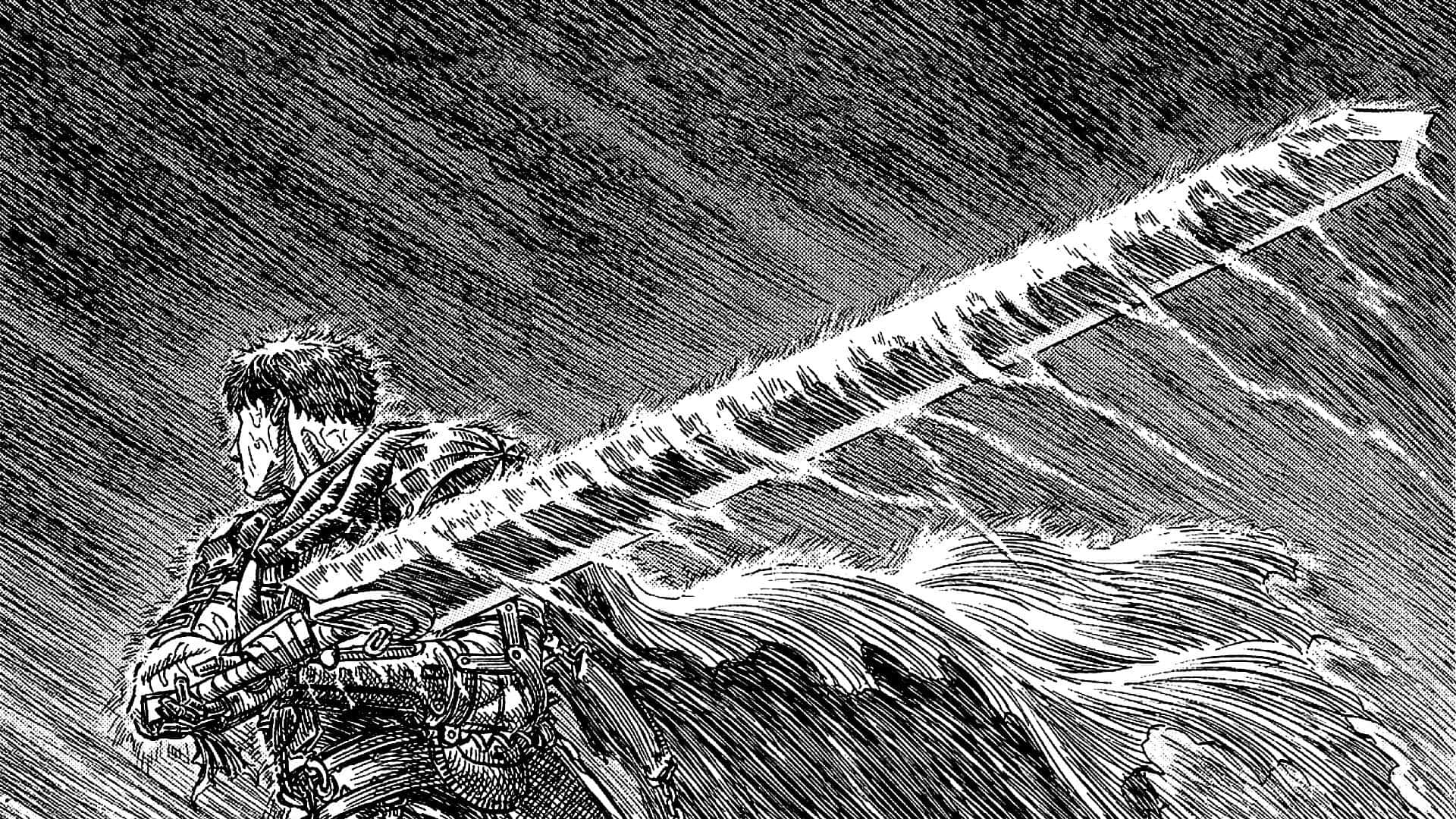 Manga Pages 桌布 壁紙 — 一位身穿精細盔甲的戰士緊握一把巨劍，動態的交叉陰影線在單色插圖中傳達出動作與強烈感。