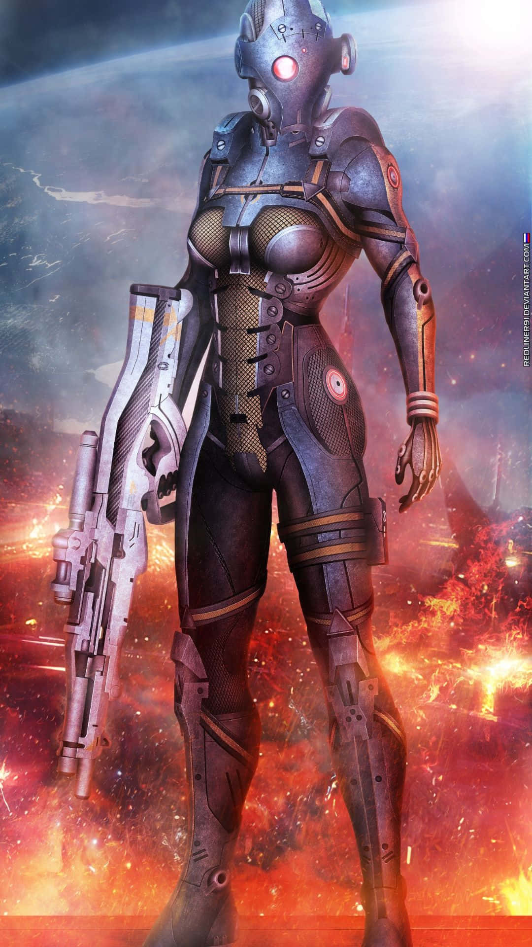 Mass Effect Cerberus 桌布 壁紙 — 一位身穿精細盔甲的未來女戰士，站在熾熱的爆炸中，擁有發光的紅色眼睛並拔出武器。