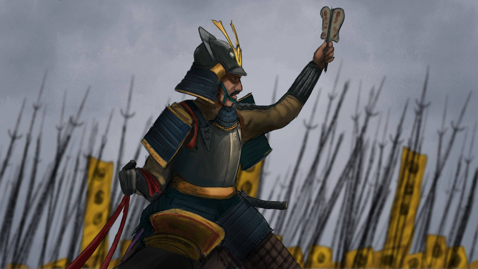 Yasuke 桌布 壁紙 — 一位身穿精細盔甲的武士戰士在灰色天空下站在長矛場前舉起扇子。