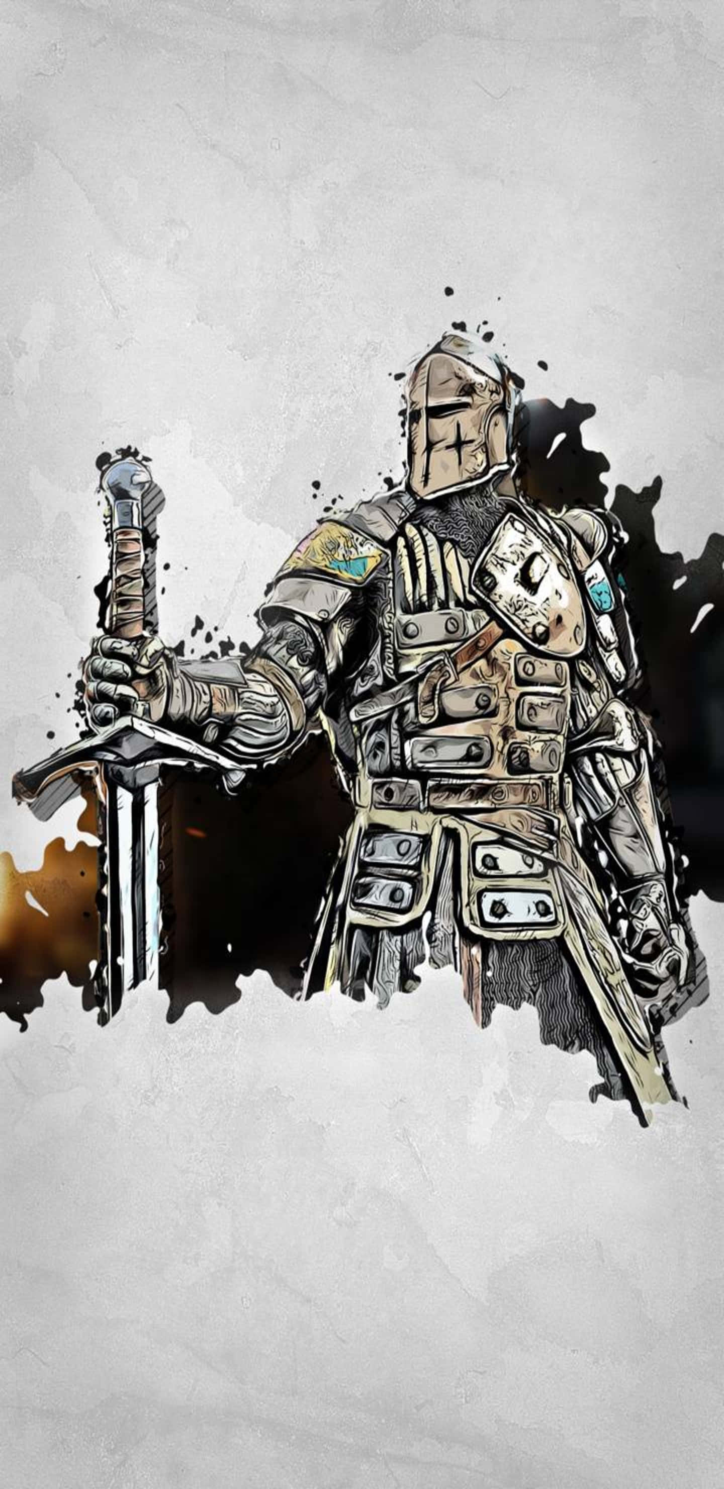 For Honor 桌布 壁紙 — 一位身穿精細盔甲的騎士，在帶有深色墨水飛濺的紋理灰色背景上持劍。