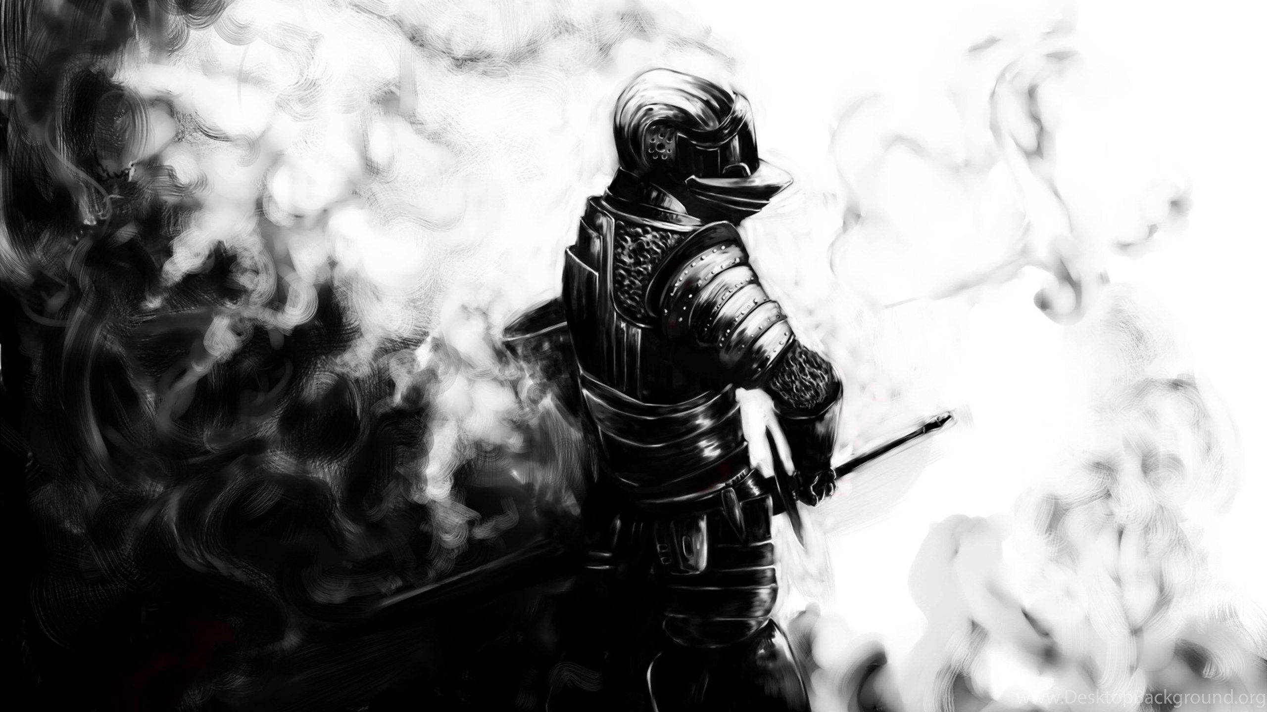 dark souls 4K 桌布 壁紙 — 一位身穿精細盔甲的騎士，背光映襯著旋轉的煙霧，站在純白背景前。
