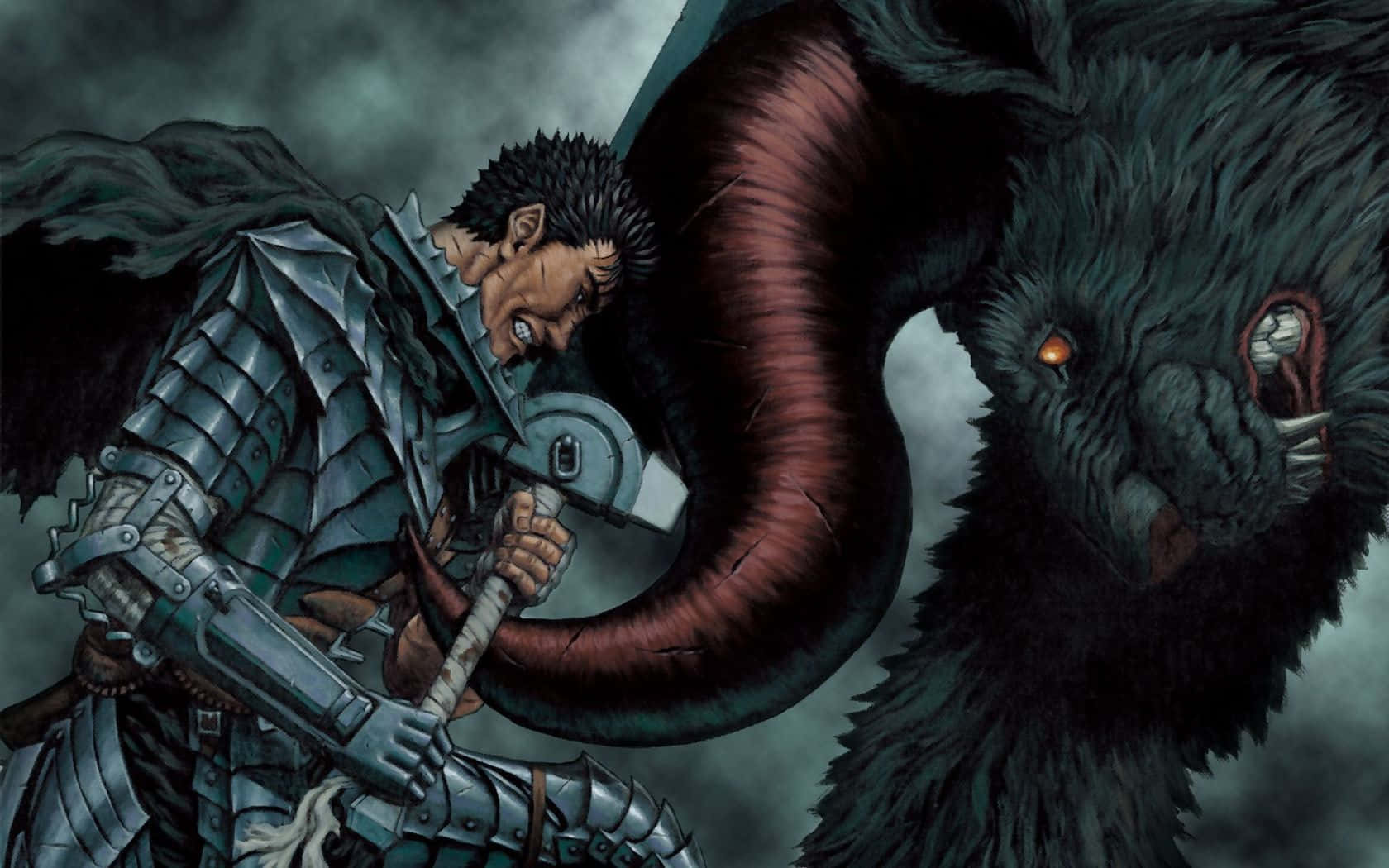 Berserk Guts 桌布 壁紙 — 一位身穿精細盔甲的騎士在風暴肆虐、不祥的場景中與一隻擁有發光眼睛的巨大黑暗野獸戰鬥。