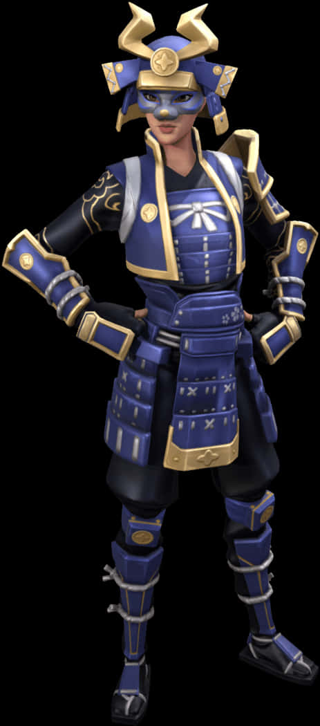 Fortnite Default Skin 桌布 壁紙 — 一位身穿精細藍金色鎧甲的女武士自信地站在黑色背景前。