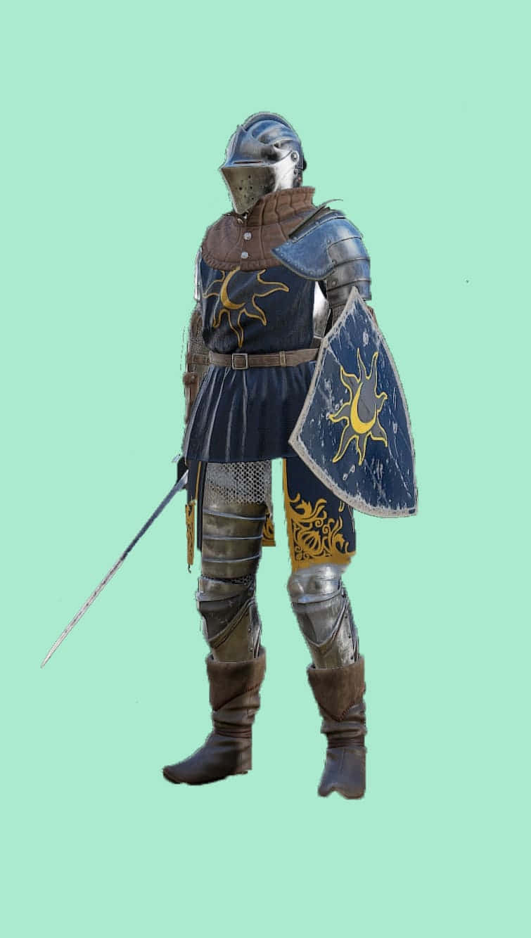 Android Mordhau 桌布 壁紙 — 一位身穿精細藍金色鎧甲的騎士，手持劍與盾牌，站在純薄荷綠背景前。