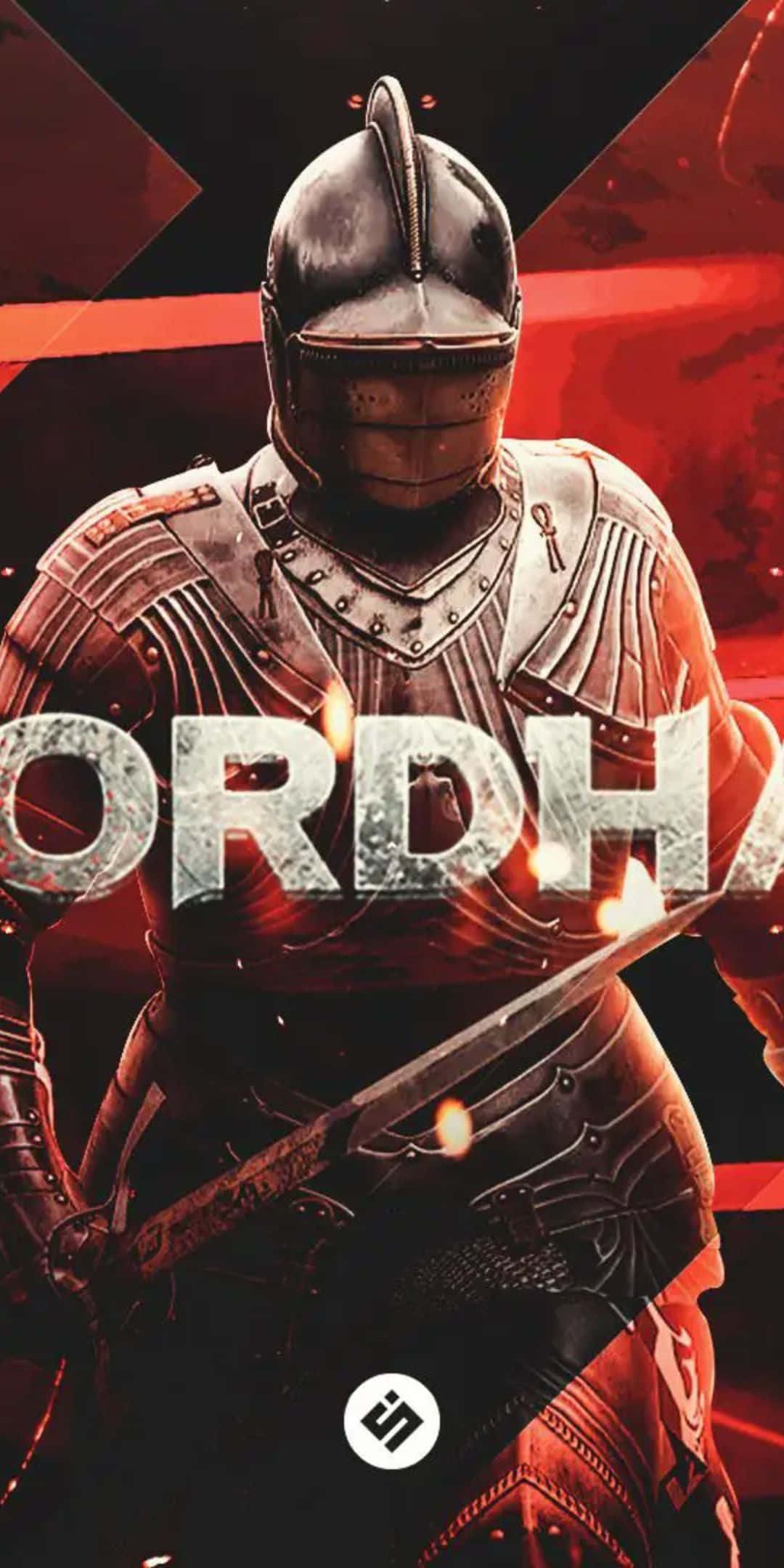 Pixel 3 Mordhau 桌布 壁紙 — 一位身穿精細金屬盔甲的騎士，在暗紅色幾何背景和發光文字前手持火焰劍。