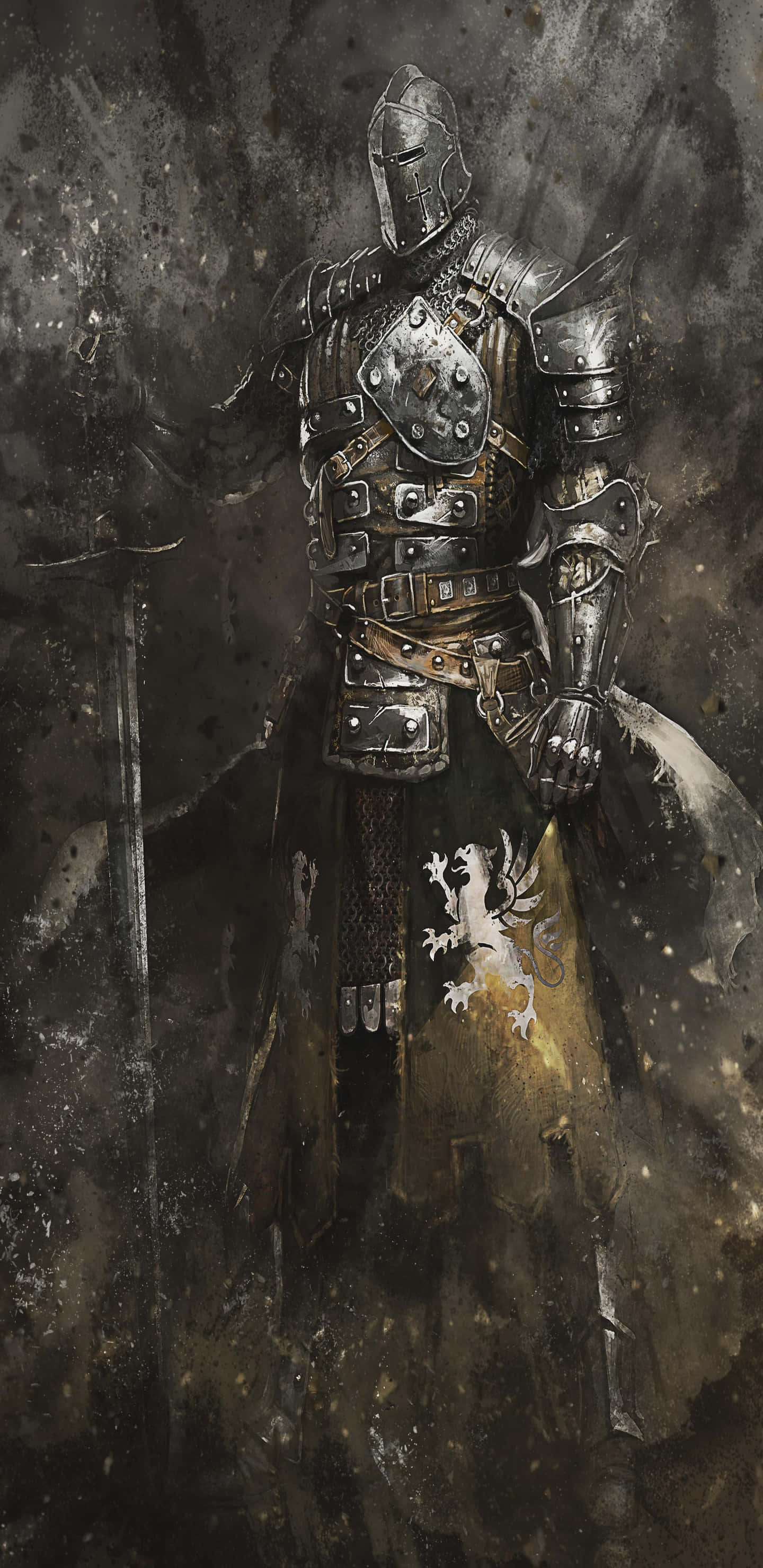 For Honor 桌布 壁紙 — 一位身穿精細金屬盔甲的騎士，在粗糙的黑暗背景下莊嚴地持劍站立。