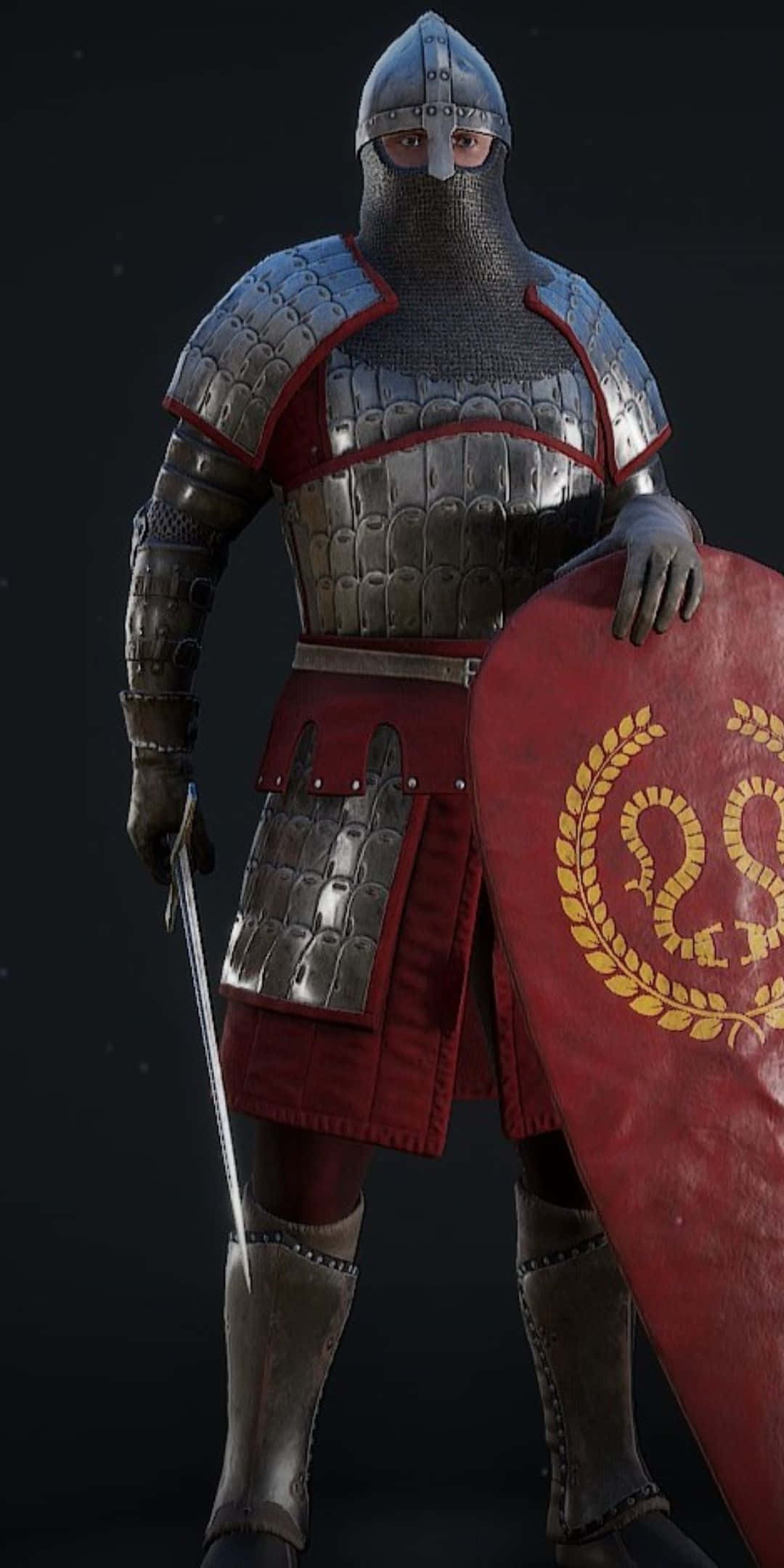 Pixel 3 Mordhau 桌布 壁紙 — 一位身穿精細銀色板甲和紅色罩袍的中世紀騎士，手持一面飾有金色月桂花環和蛇形徽章的紅色盾牌，蓄勢待發。