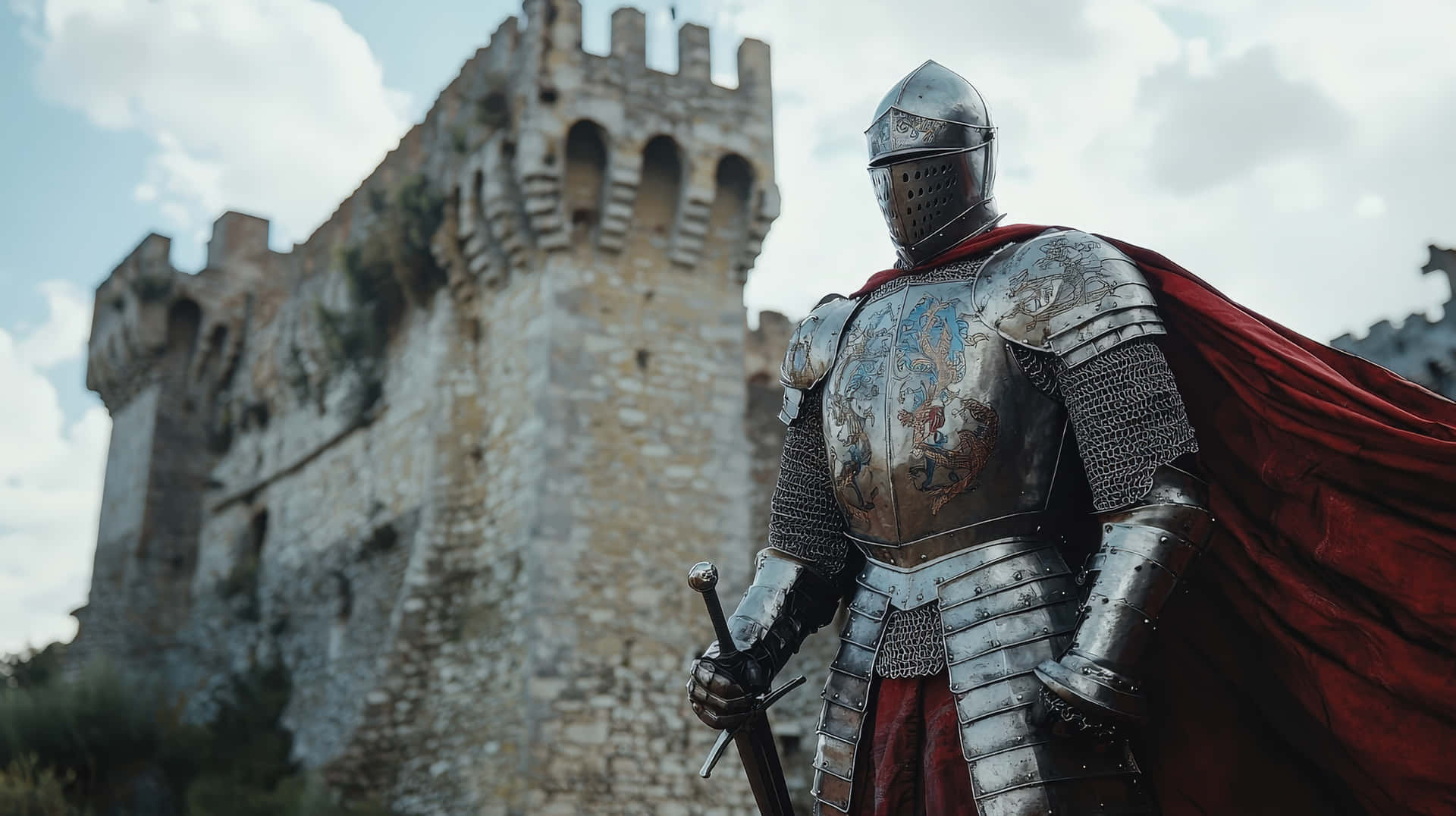 Majestic Knight in Shining Armor Near Castle 壁紙 — 一位身穿精細銀色盔甲、披著飄逸紅色斗篷的騎士，站在一座風化的石頭城堡前，天空多雲。