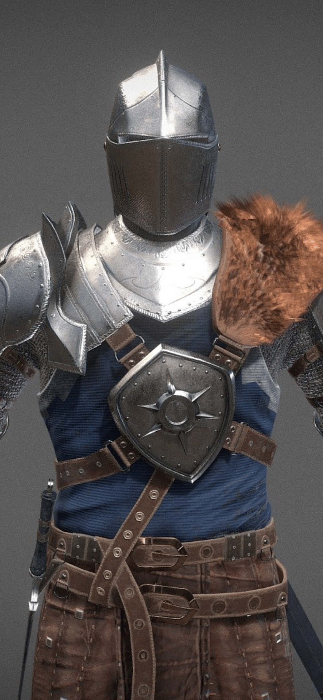 iPhone Xs Mordhau 桌布 壁紙 — 一位身穿精細銀色盔甲、配有毛皮護肩和星形盾牌的騎士，站在中性灰色背景前。